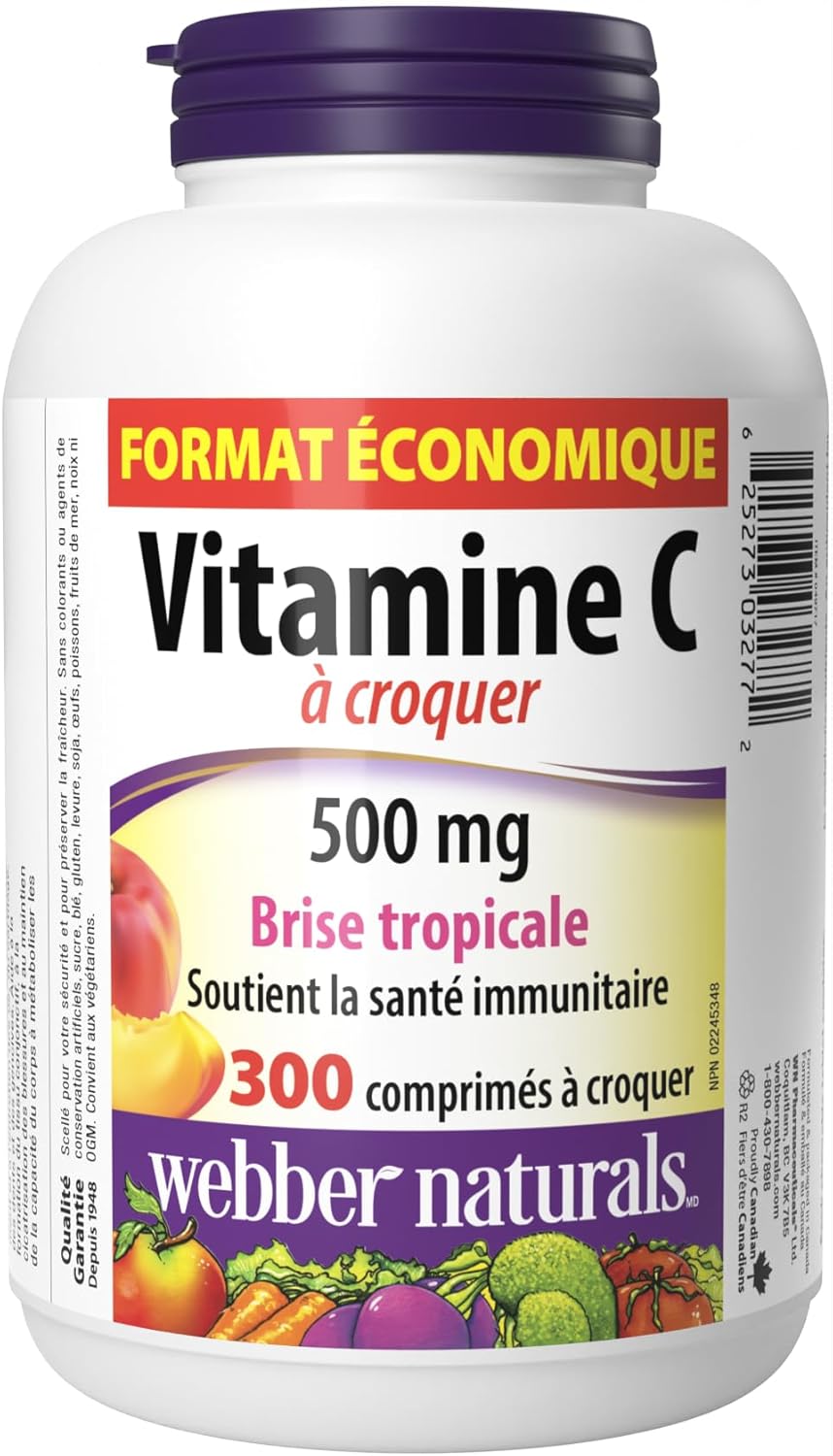 Webber Naturals Vitamin C Chewable Tablets - Tropical Breeze Flavor, 500 mg Per Tablet, Immune & Antioxidant Support, Non GMO & Gluten Free