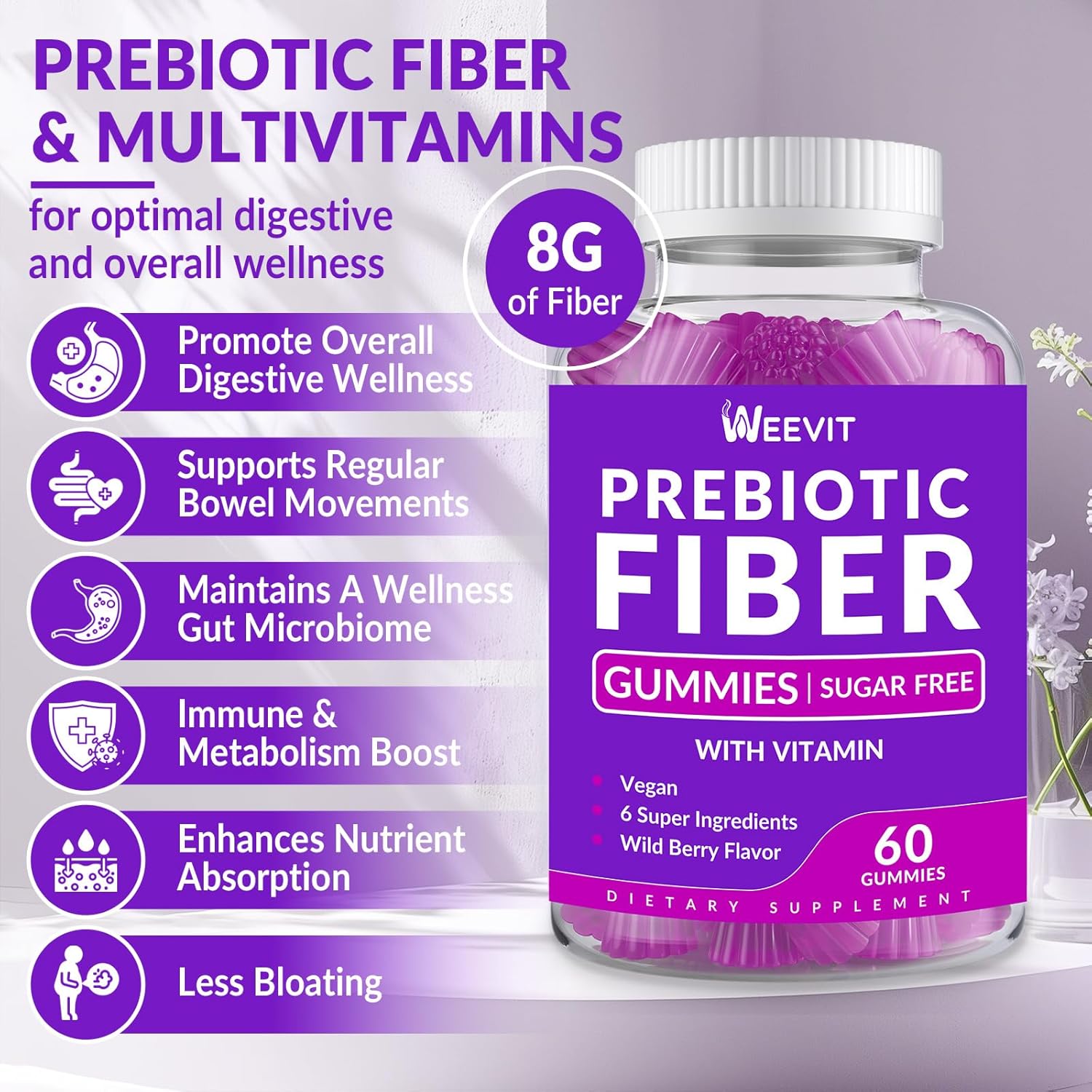 WEEVIT Prebiotic Fiber Gummies - Sugar-Free Adult Fiber Supplement with Digestive Blend for Gut Health & Metabolism