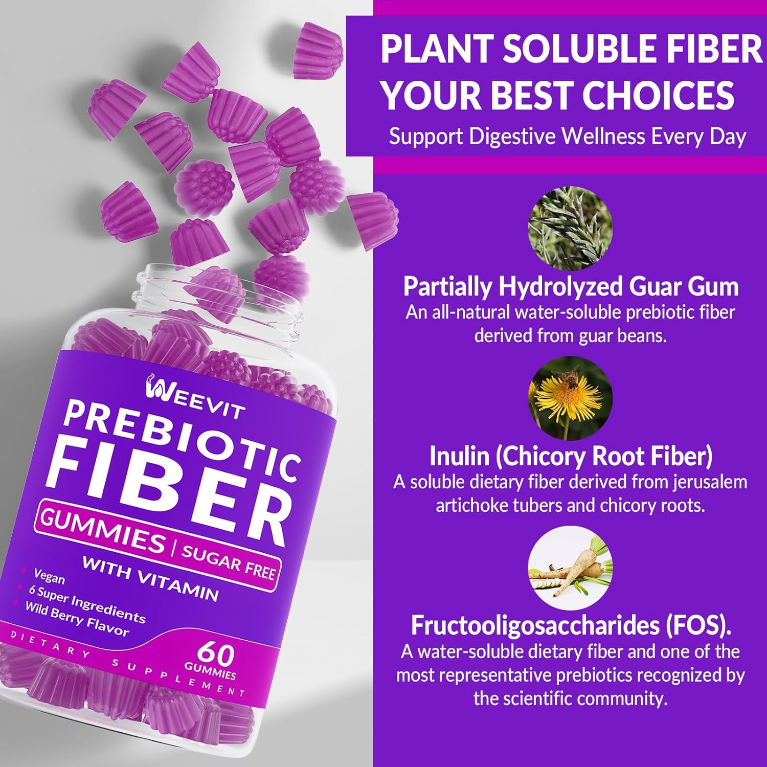 WEEVIT Prebiotic Fiber Gummies - Sugar-Free Adult Fiber Supplement with Digestive Blend for Gut Health & Metabolism