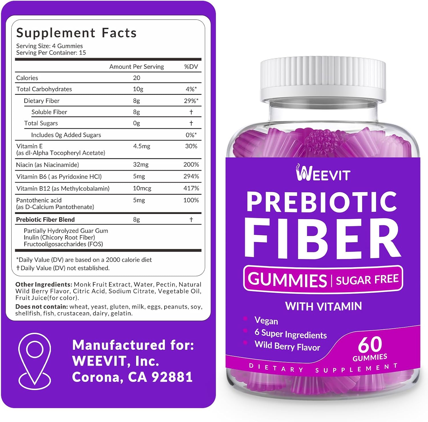 WEEVIT Prebiotic Fiber Gummies - Sugar-Free Adult Fiber Supplement with Digestive Blend for Gut Health & Metabolism