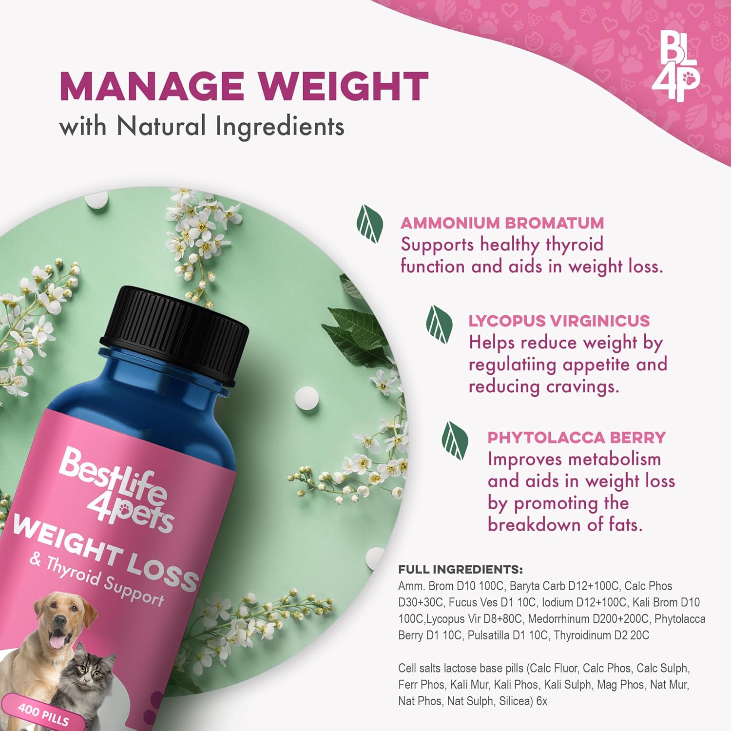 Weight & Thyroid Support for Dogs and Cats - Natural Hunger Control & Metabolism Aid, Optimal Thyroid Function, 400 Pills