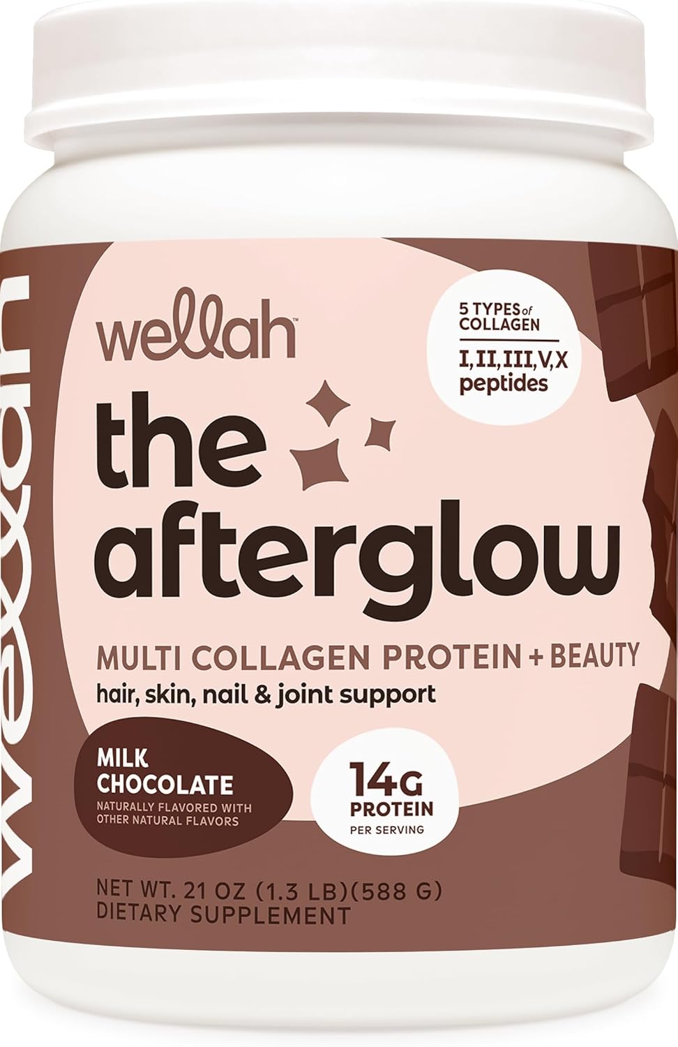 Wellah Afterglow Chocolate Multi Collagen Protein for Hair, Skin, Nails & Joints - 30 Servings, Non-GMO & Gluten-Free