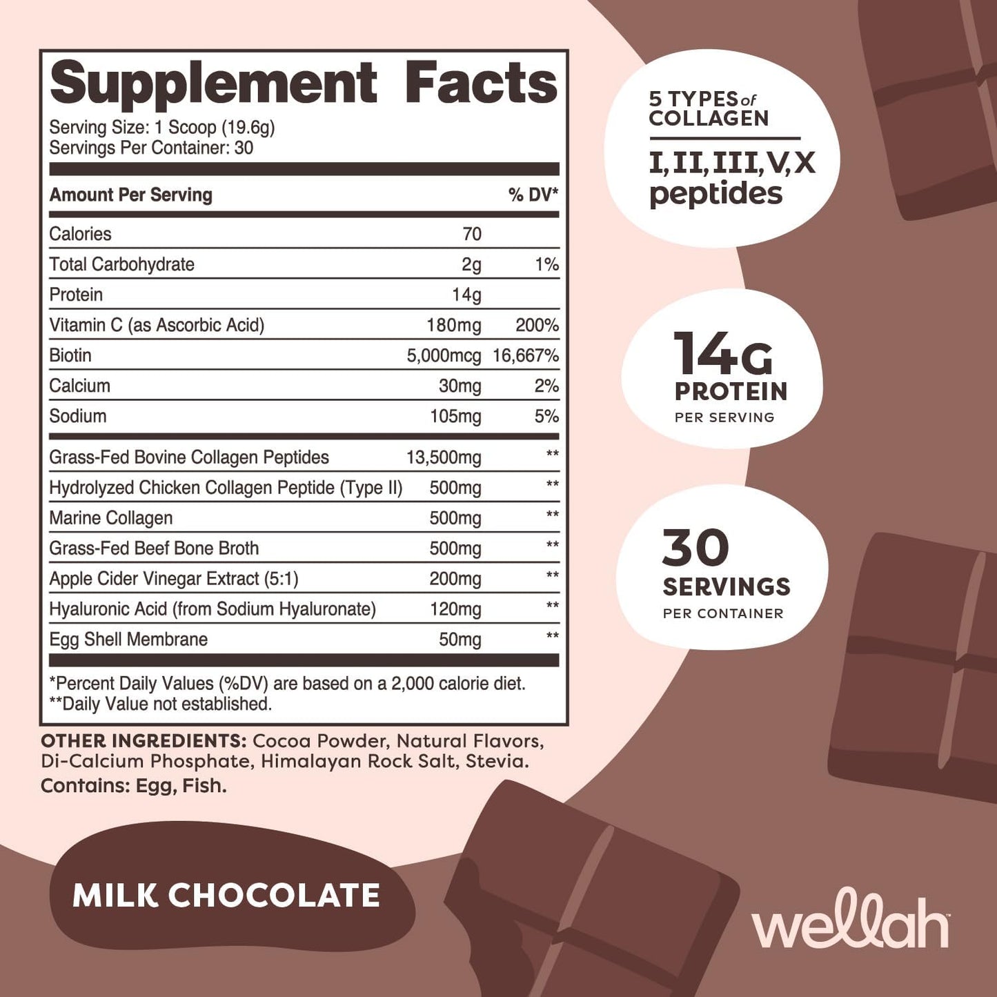 Wellah Afterglow Chocolate Multi Collagen Protein for Hair, Skin, Nails & Joints - 30 Servings, Non-GMO & Gluten-Free