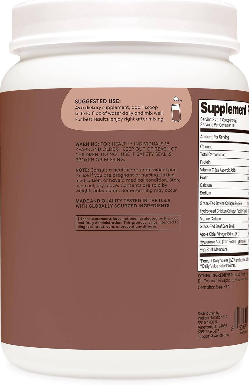 Wellah Afterglow Chocolate Multi Collagen Protein for Hair, Skin, Nails & Joints - 30 Servings, Non-GMO & Gluten-Free