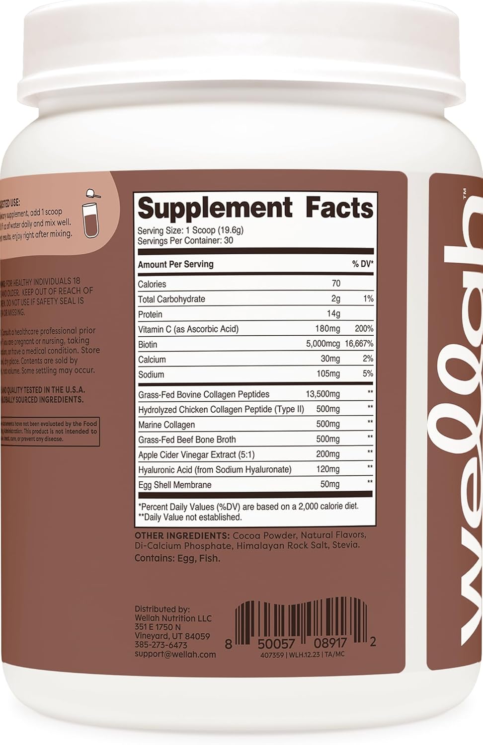 Wellah Afterglow Chocolate Multi Collagen Protein for Hair, Skin, Nails & Joints - 30 Servings, Non-GMO & Gluten-Free
