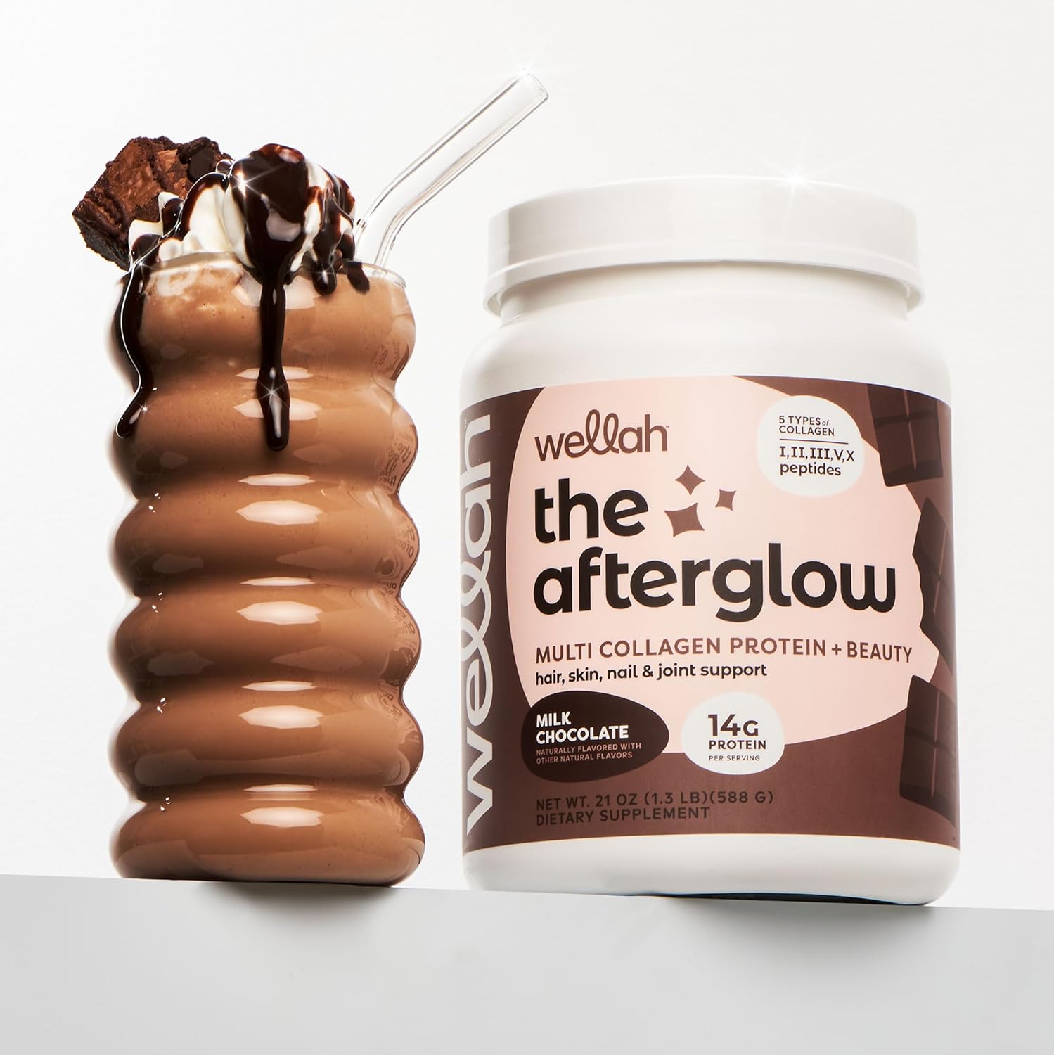 Wellah Afterglow Chocolate Multi Collagen Protein for Hair, Skin, Nails & Joints - 30 Servings, Non-GMO & Gluten-Free