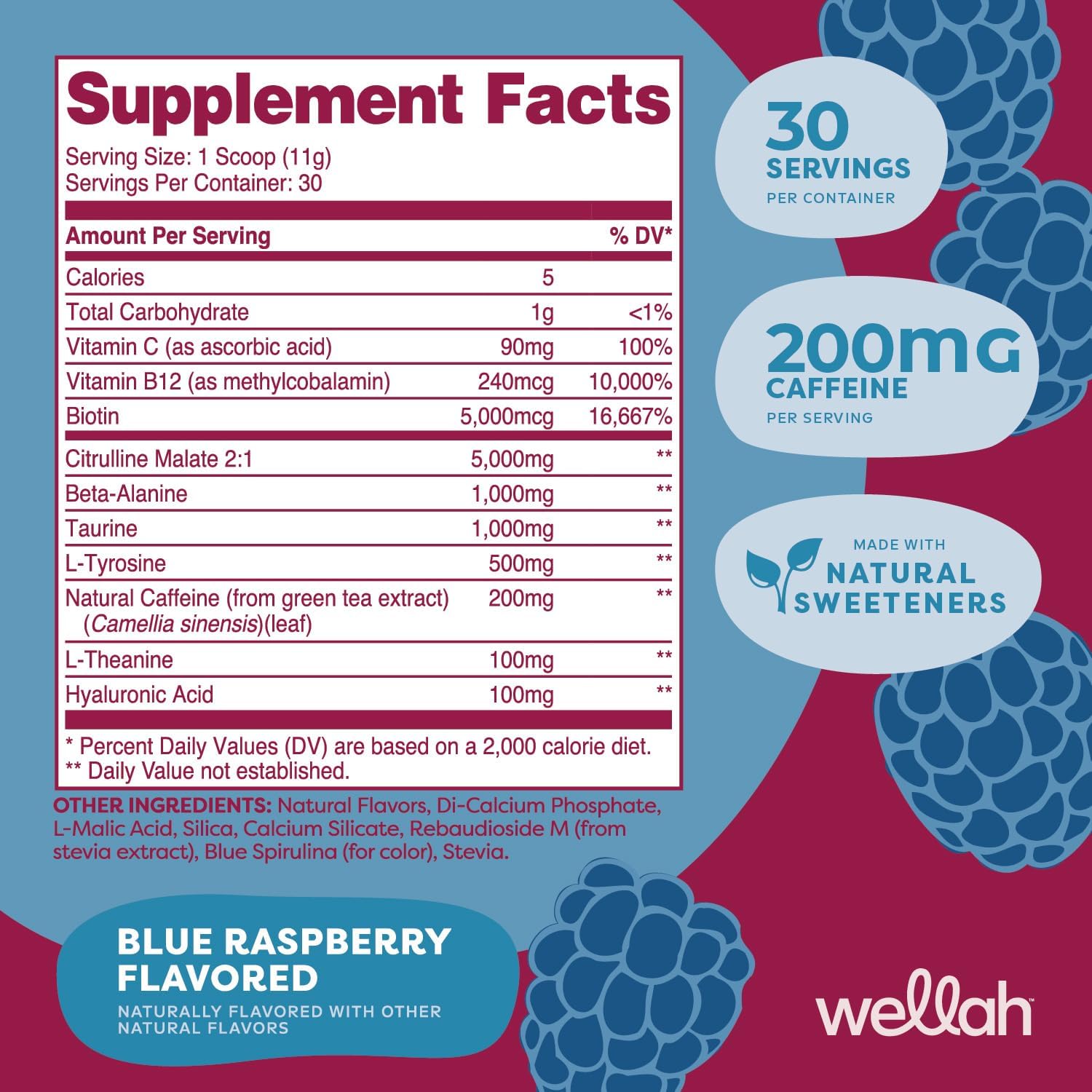 Wellah Blue Raspberry Pre-Workout Drink Mix - 30 Servings