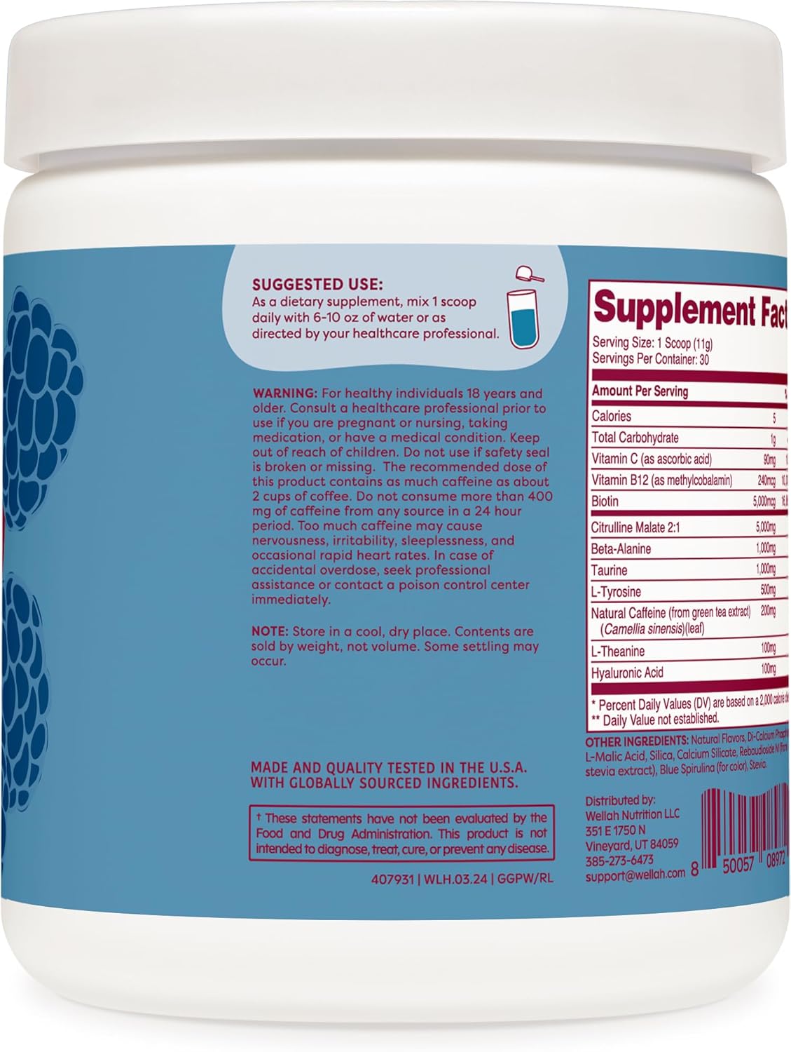 Wellah Blue Raspberry Pre-Workout Drink Mix - 30 Servings