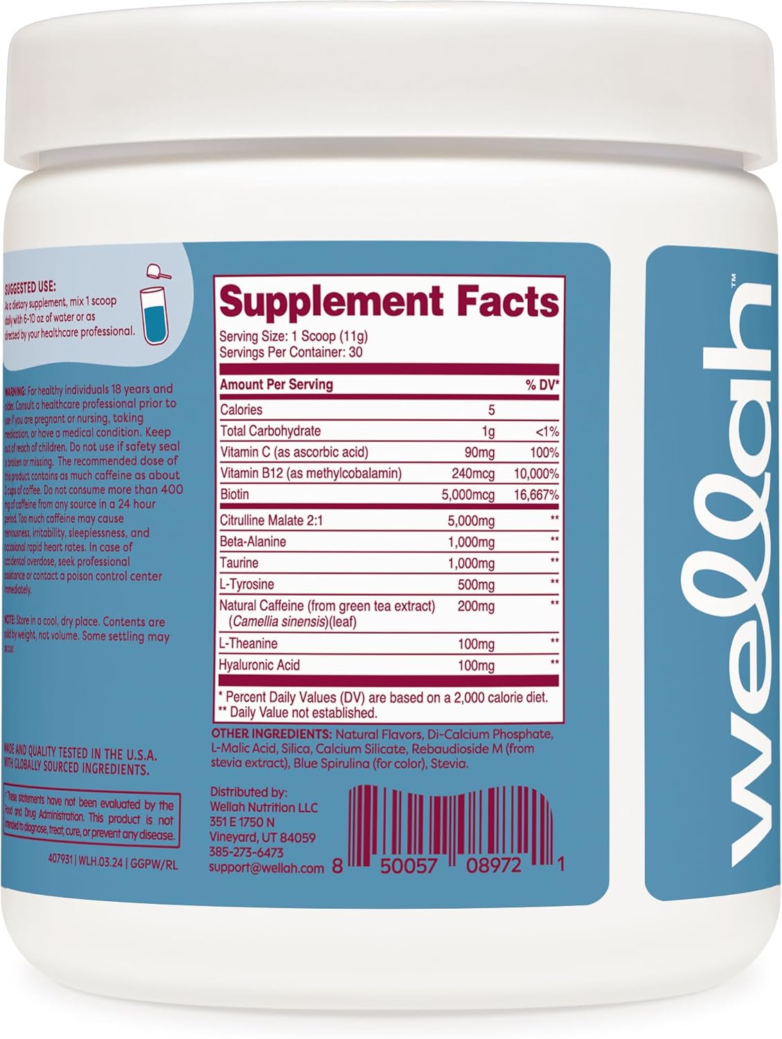 Wellah Blue Raspberry Pre-Workout Drink Mix - 30 Servings