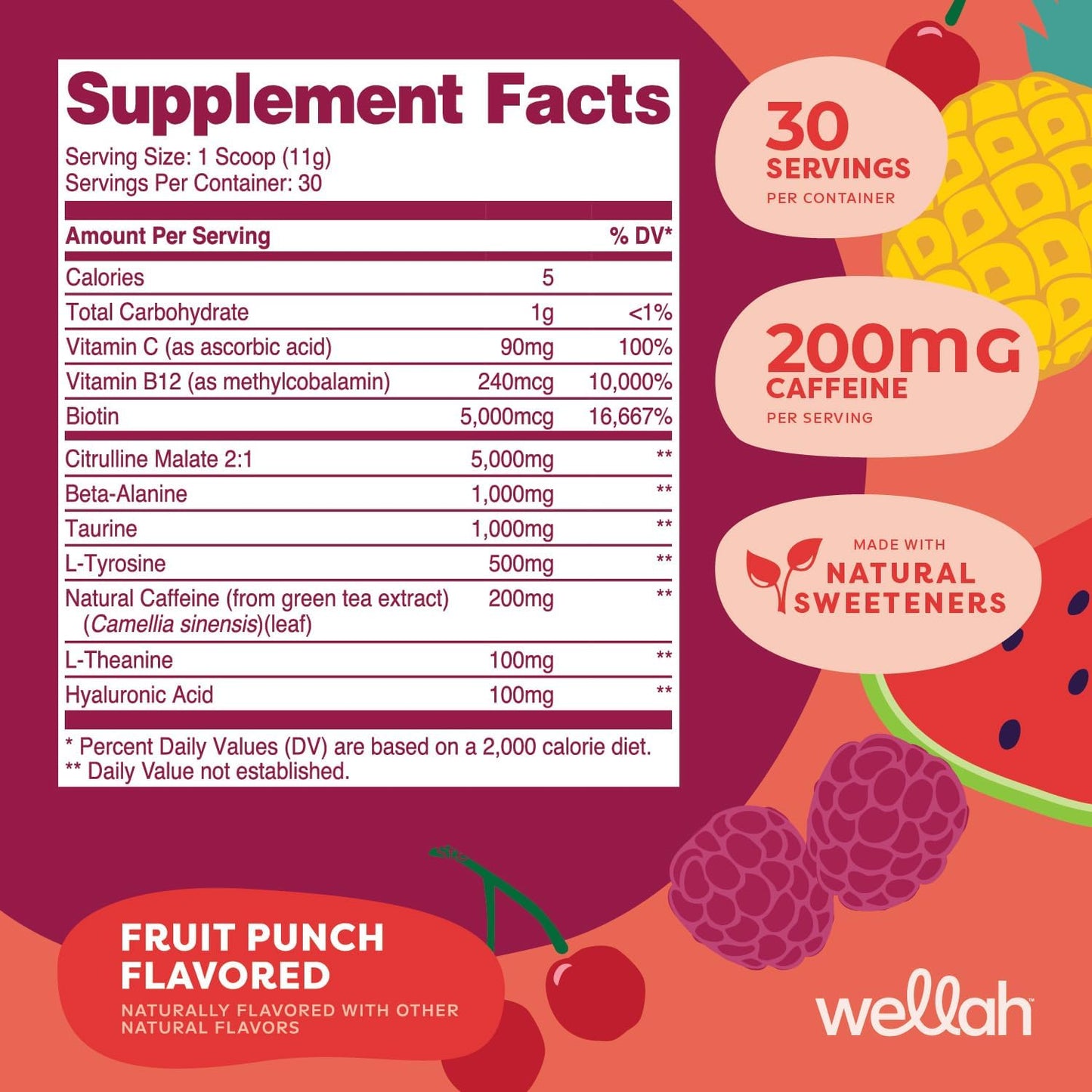 Wellah Fruit Punch Flavored Pre-Workout Drink Mix - 30 Servings, Energize Your Workout