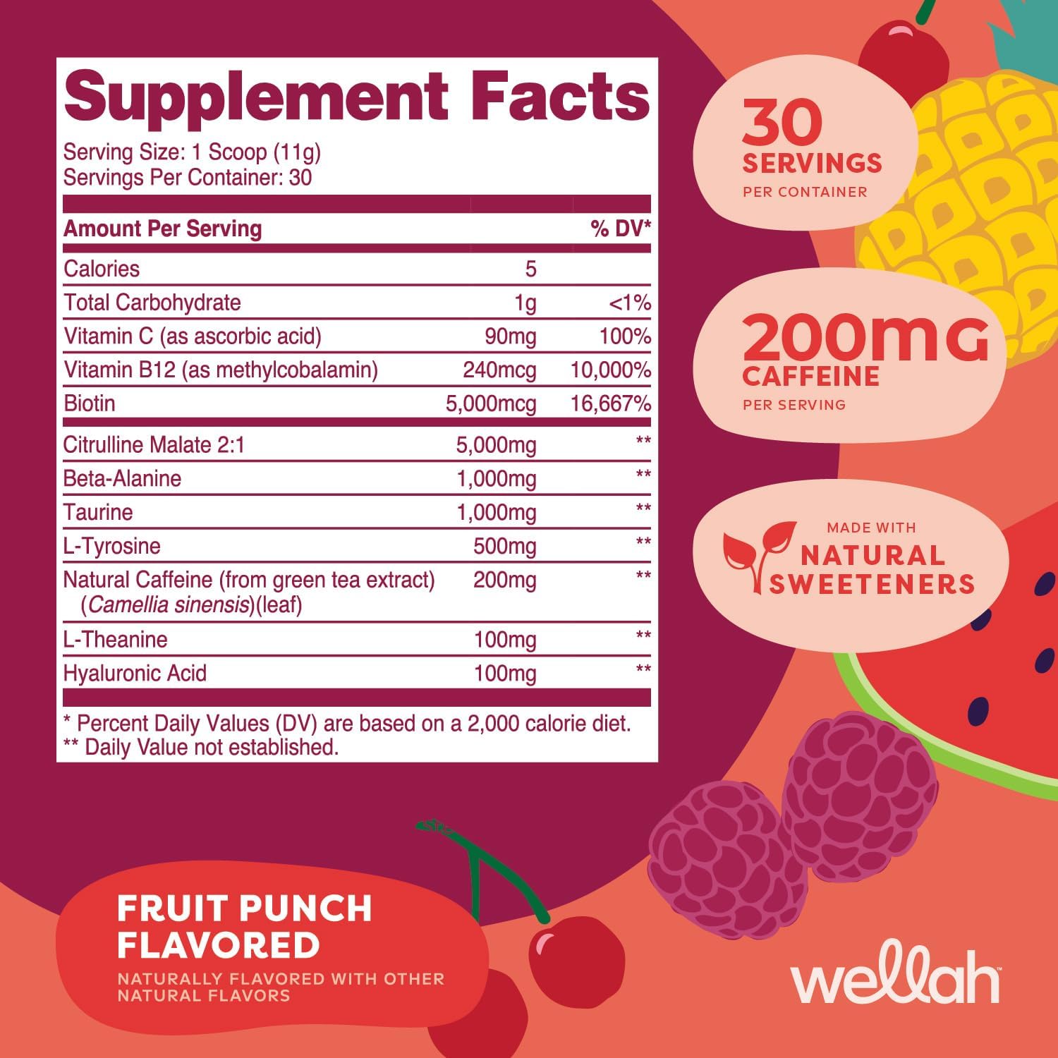 Wellah Fruit Punch Flavored Pre-Workout Drink Mix - 30 Servings, Energize Your Workout