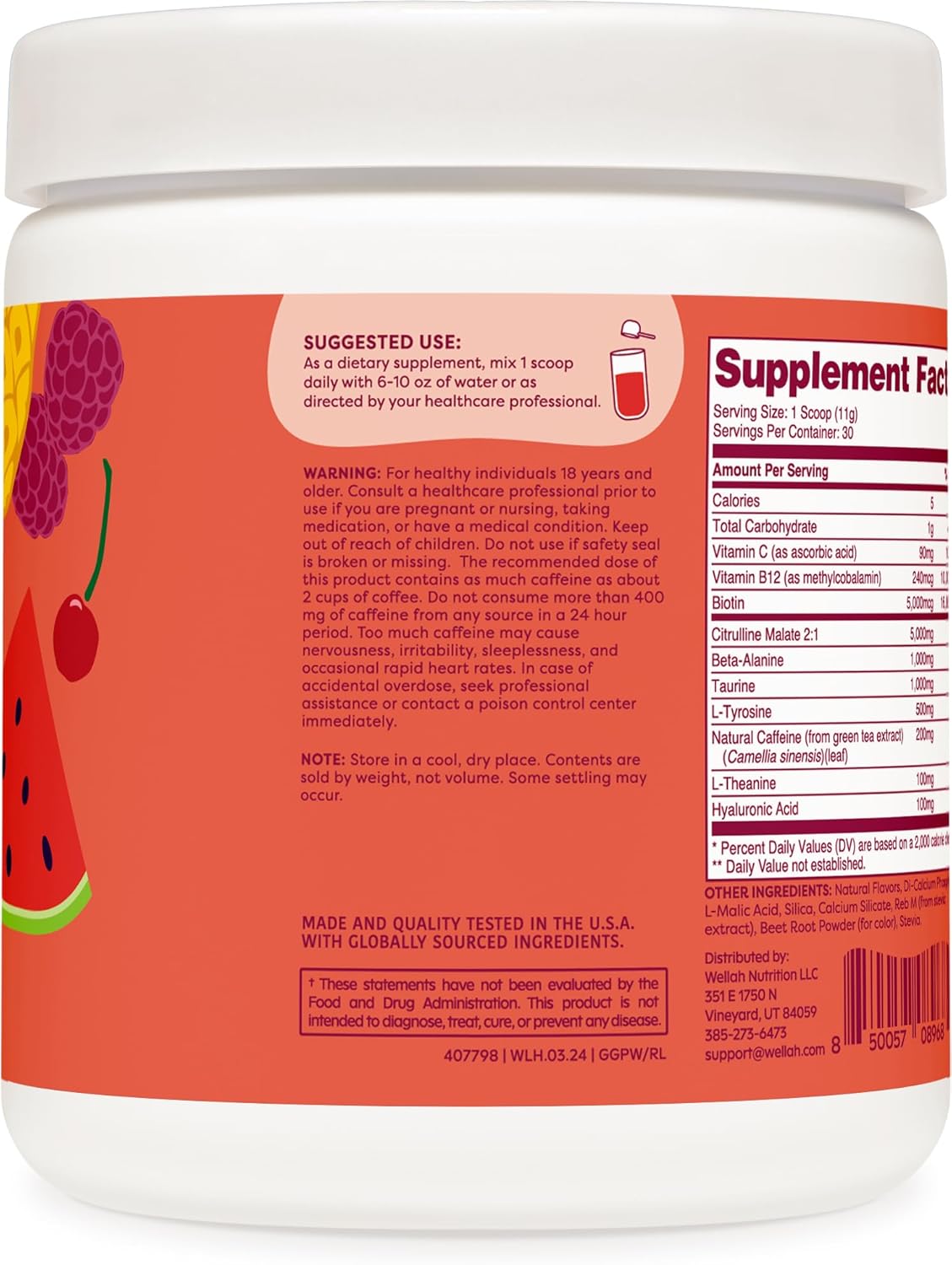 Wellah Fruit Punch Flavored Pre-Workout Drink Mix - 30 Servings, Energize Your Workout