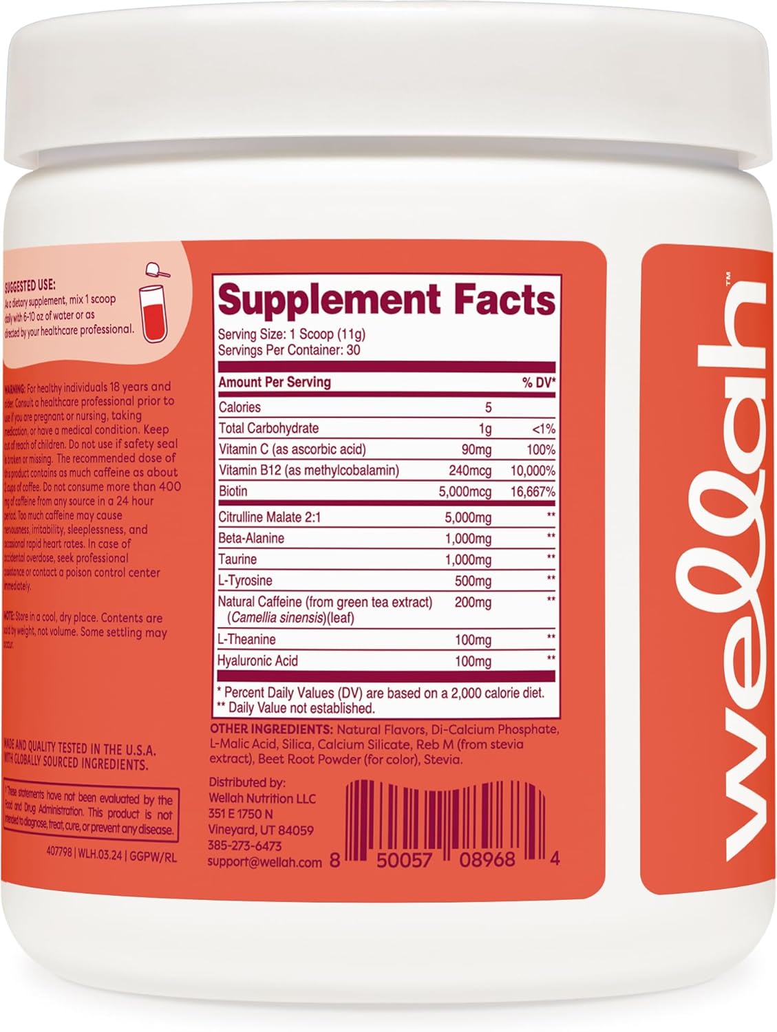 Wellah Fruit Punch Flavored Pre-Workout Drink Mix - 30 Servings, Energize Your Workout