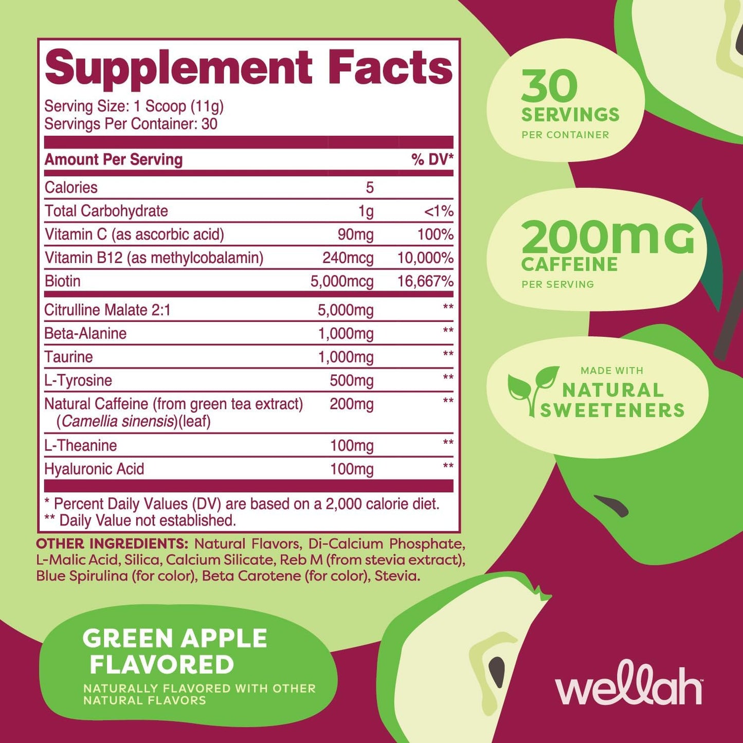 Wellah Get-Going Green Apple Pre-Workout Drink Mix - 30 Servings