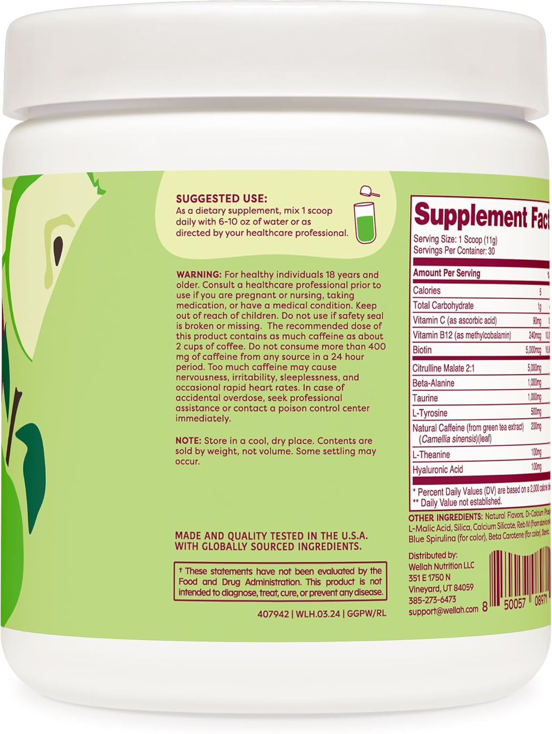 Wellah Get-Going Green Apple Pre-Workout Drink Mix - 30 Servings