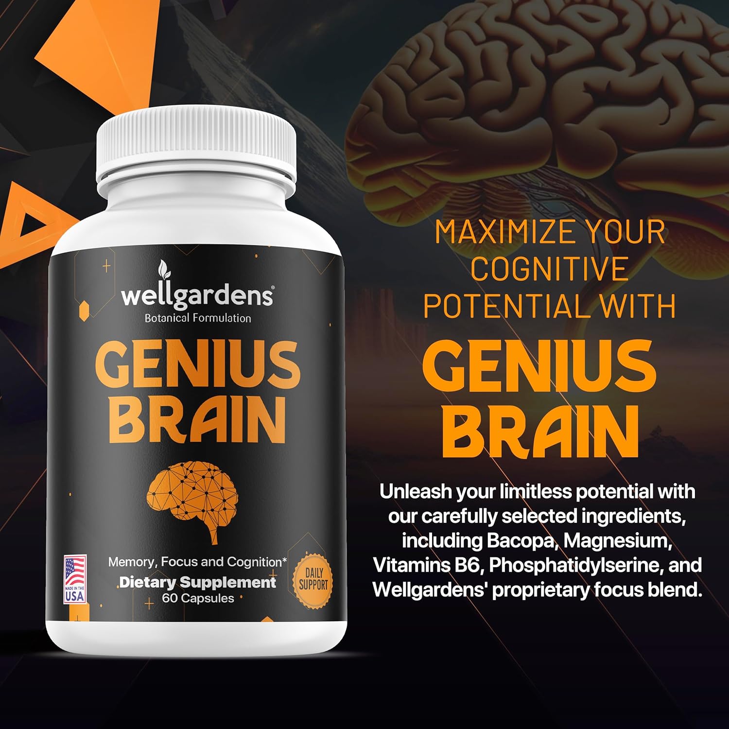 Wellgardens Brain Supplement for Memory, Focus, and Cognition - Daily Support for Mental Clarity with Bacopa, Magnesium, Vitamins B6 - Non-GMO, Gluten Free