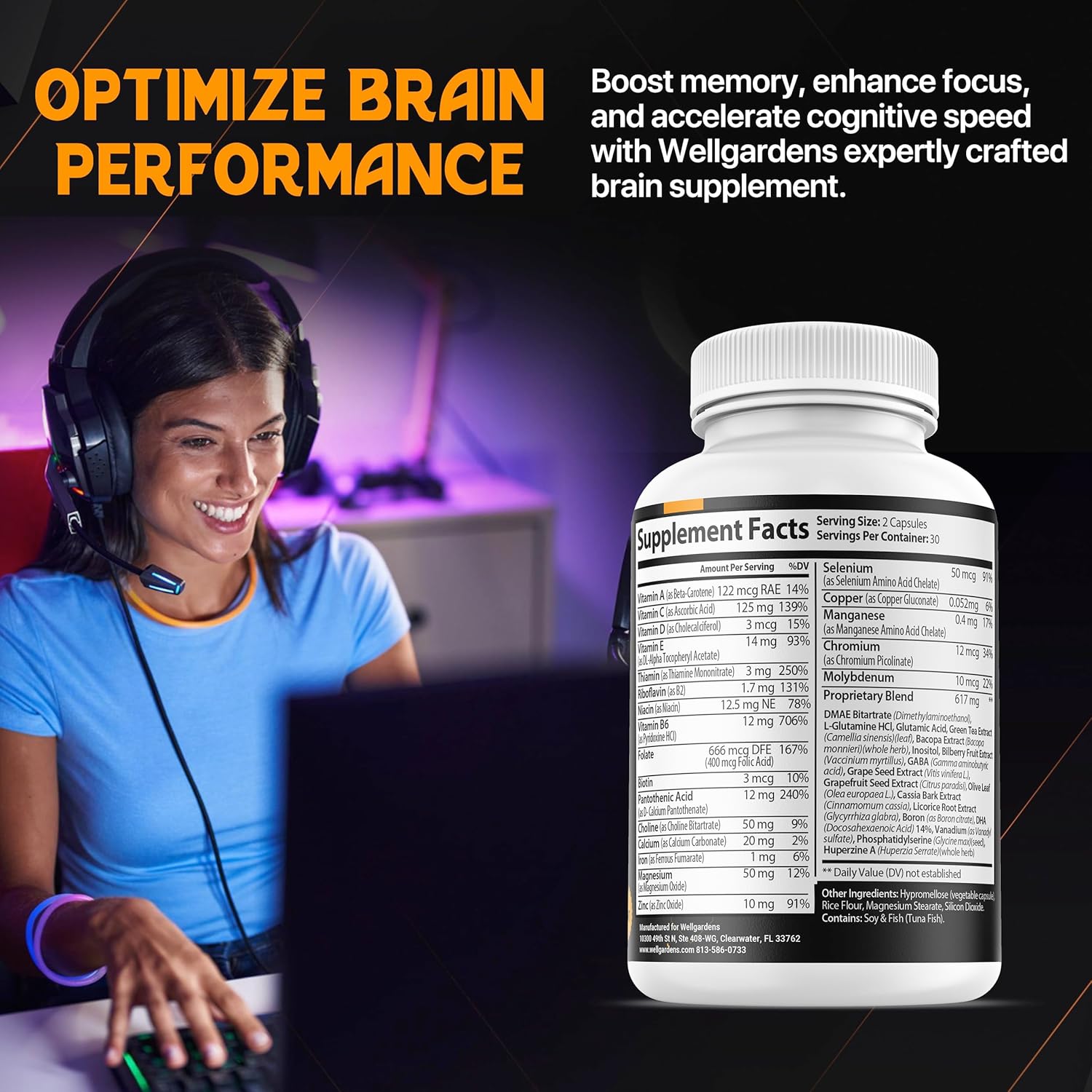 Wellgardens Brain Supplement for Memory, Focus, and Cognition - Daily Support for Mental Clarity with Bacopa, Magnesium, Vitamins B6 - Non-GMO, Gluten Free