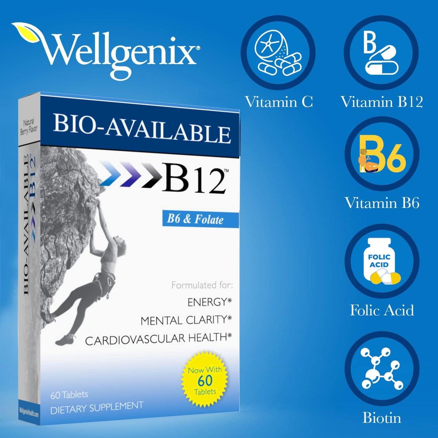 Wellgenix Bio Sublingual B12-60ct (2 Pack) - Multivitamin Focus Support with Vitamins C, B6, B12, Folate, Biotin - Energy & Diet Supplement for Immune & Overall Health