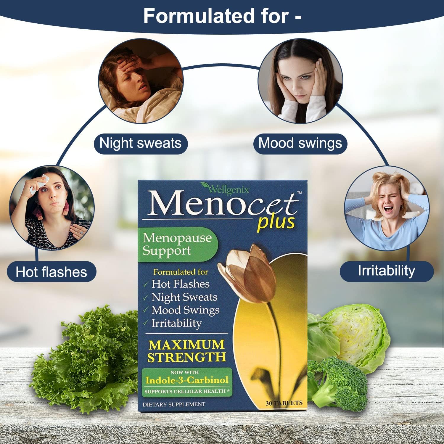 Wellgenix Menocet Plus Menopause Support - Complete Relief Supplement for Hot Flashes, Night Sweats, Mood Swings & Irritability - 60 Tablets