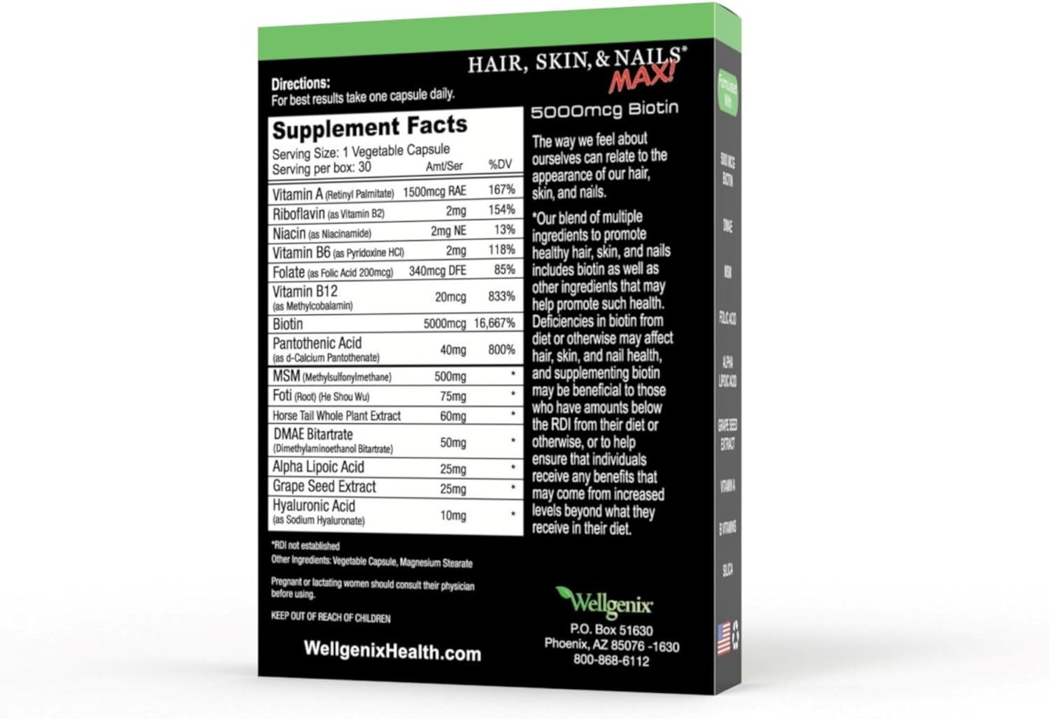 Wellgenix Purvana Max Hair, Skin, and Nails Vitamin - 5000mcg Biotin & Folic Acid - Vegan Collagen Support - 60 Capsules