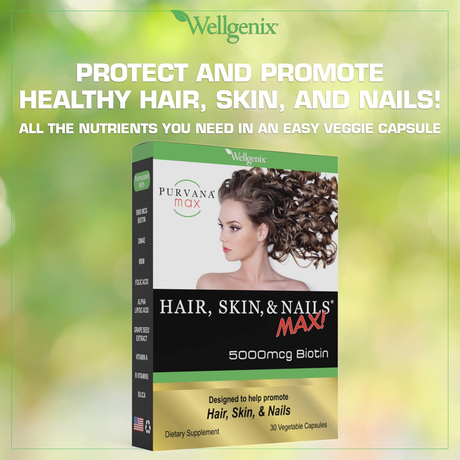 Wellgenix Purvana Max Hair, Skin, and Nails Vitamin with Biotin and Grape Seed Extract - Vegan Support for Collagen Production - 60 Capsules