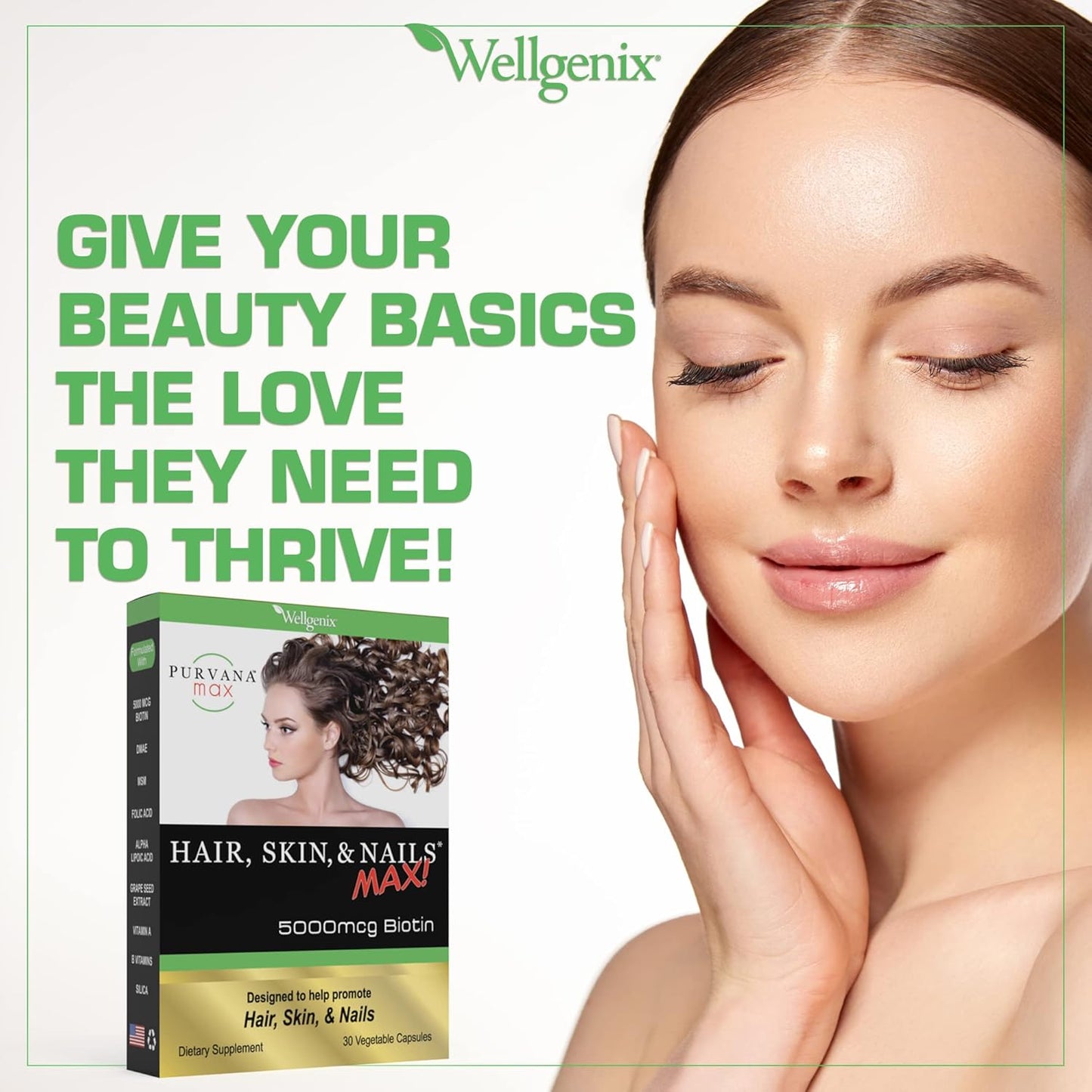 Wellgenix Purvana Max Hair, Skin, and Nails Vitamin - 5000mcg Biotin & Folic Acid - Vegan Collagen Support - 60 Capsules