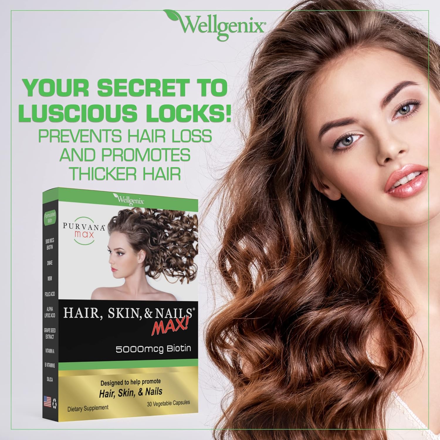 Wellgenix Purvana Max Hair, Skin, and Nails Vitamin with Biotin and Grape Seed Extract - Vegan Support for Collagen Production - 60 Capsules
