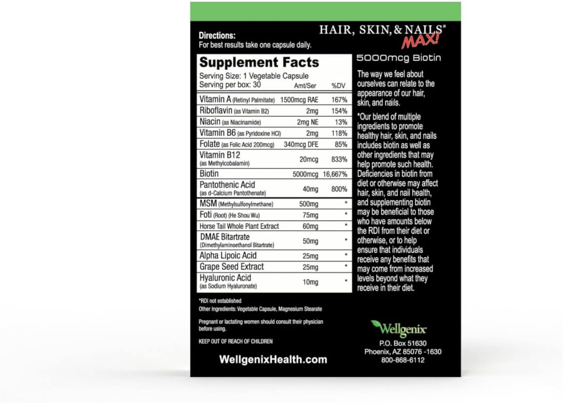 Wellgenix Purvana Max Hair, Skin, and Nails Vitamin with Biotin and Grape Seed Extract - Vegan Support for Collagen Production - 60 Capsules