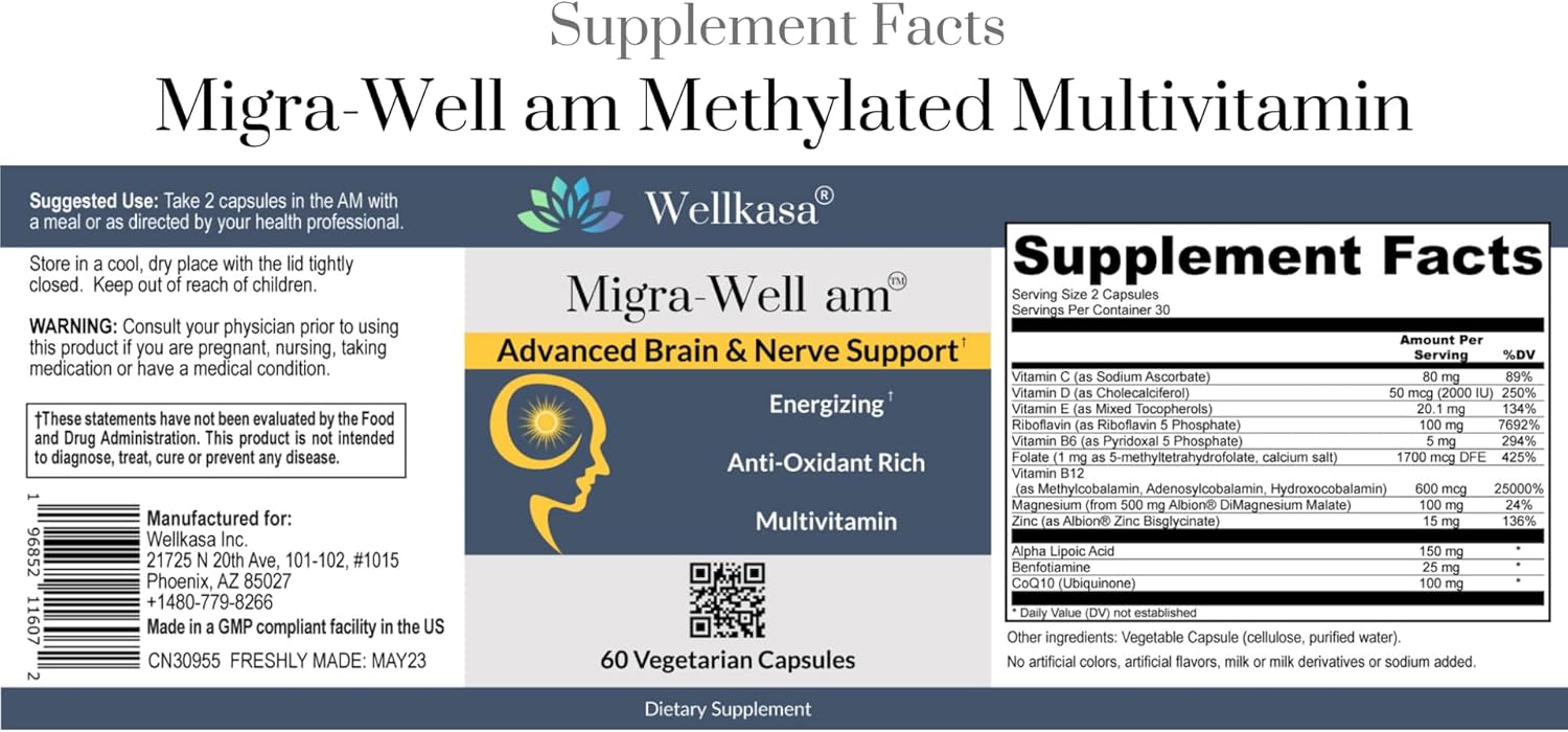 Wellkasa Migra-Well AM: Iron-Free Multivitamin for Energy, Brain & Nerve Health (60 Capsules)