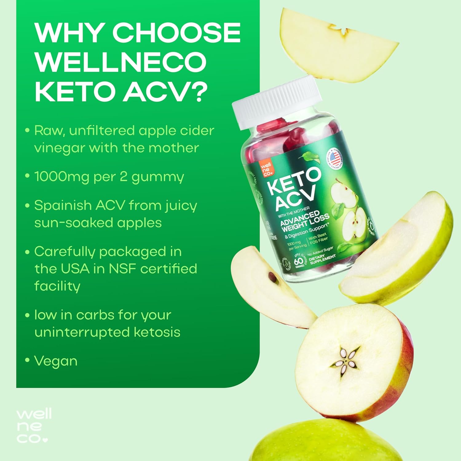Wellneco Keto Apple Cider Vinegar Gummies 1000 Mg - Weight Loss, Digestion, Metabolism - Beet Fiber Supplement Kelly Clarkson - Men and Women - Sugar Free