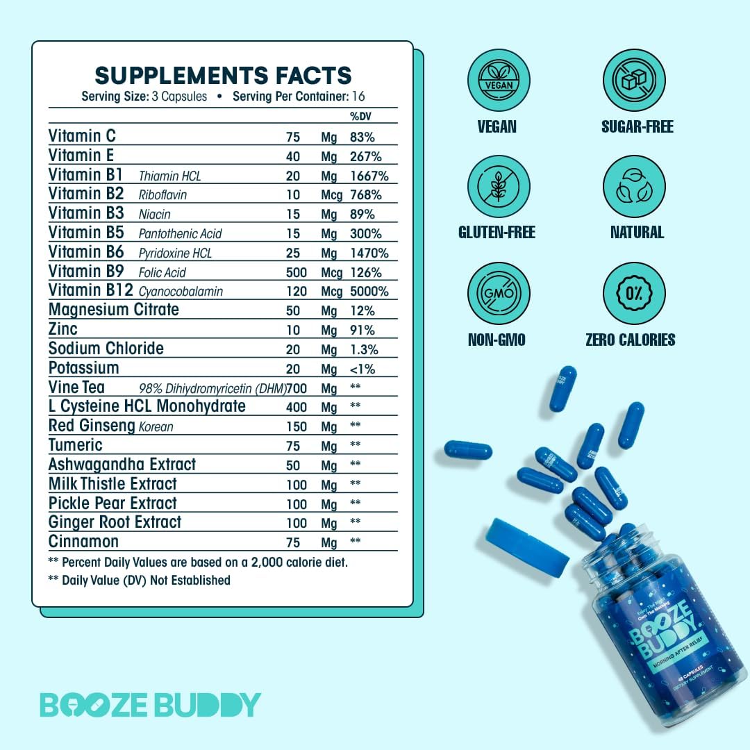 Wellness Vitamins for Liver Support & Hydration After Drinking - 48-Count Booze Buddy Electrolytes & Antioxidants