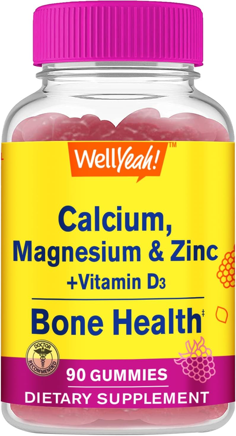 WellYeah Calcium, Magnesium, Zinc with Vitamin D3 Gummies - Bone, Muscle, Nerve Health, Immune Support - Men, Women - Gluten Free, Non GMO - Raspberry - 90 Count