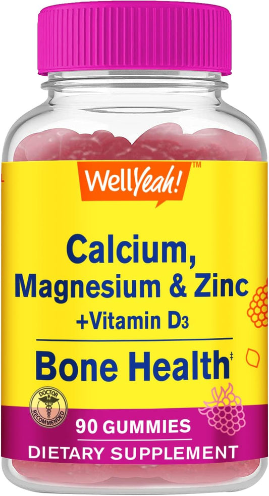 WellYeah Calcium, Magnesium, Zinc with Vitamin D3 Gummies - Bone, Muscle, Nerve Health, Immune Support - Men, Women - Gluten Free, Non GMO - Raspberry - 90 Count