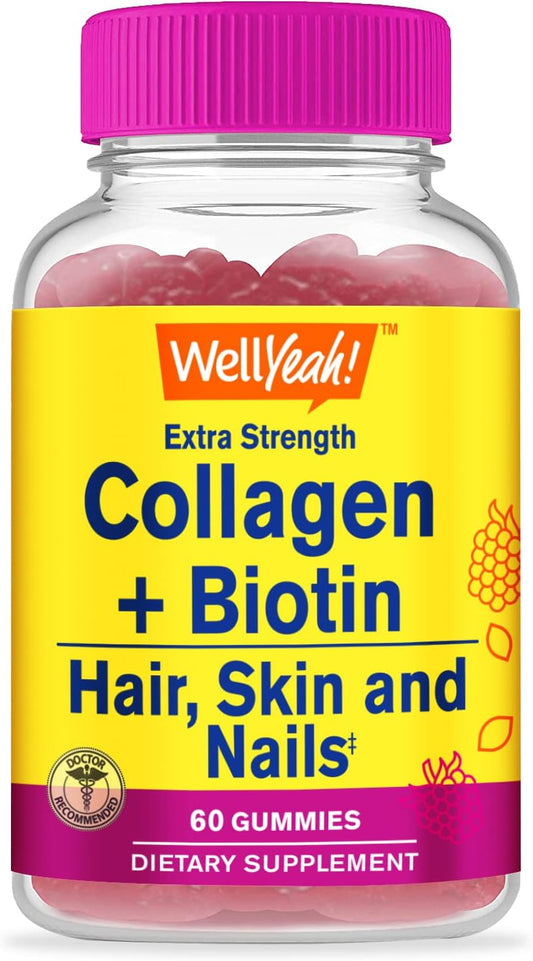 WellYeah Collagen and Biotin Gummies for Skin, Hair, Nails, Joints, Bones, Muscles, and Brain - Gluten and GMO Free - 60 Count