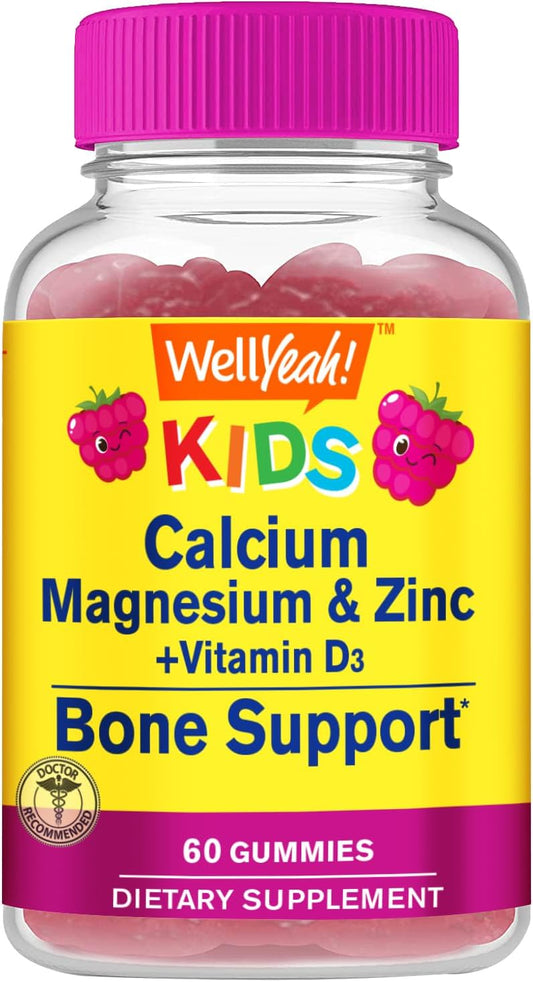WellYeah Kid's Calcium, Magnesium, Zinc & Vitamin D3 Gummies - Bone, Muscle, Nerve & Immune Support - Men & Women - Gluten Free, Non GMO - Raspberry Flavor - 60 Count
