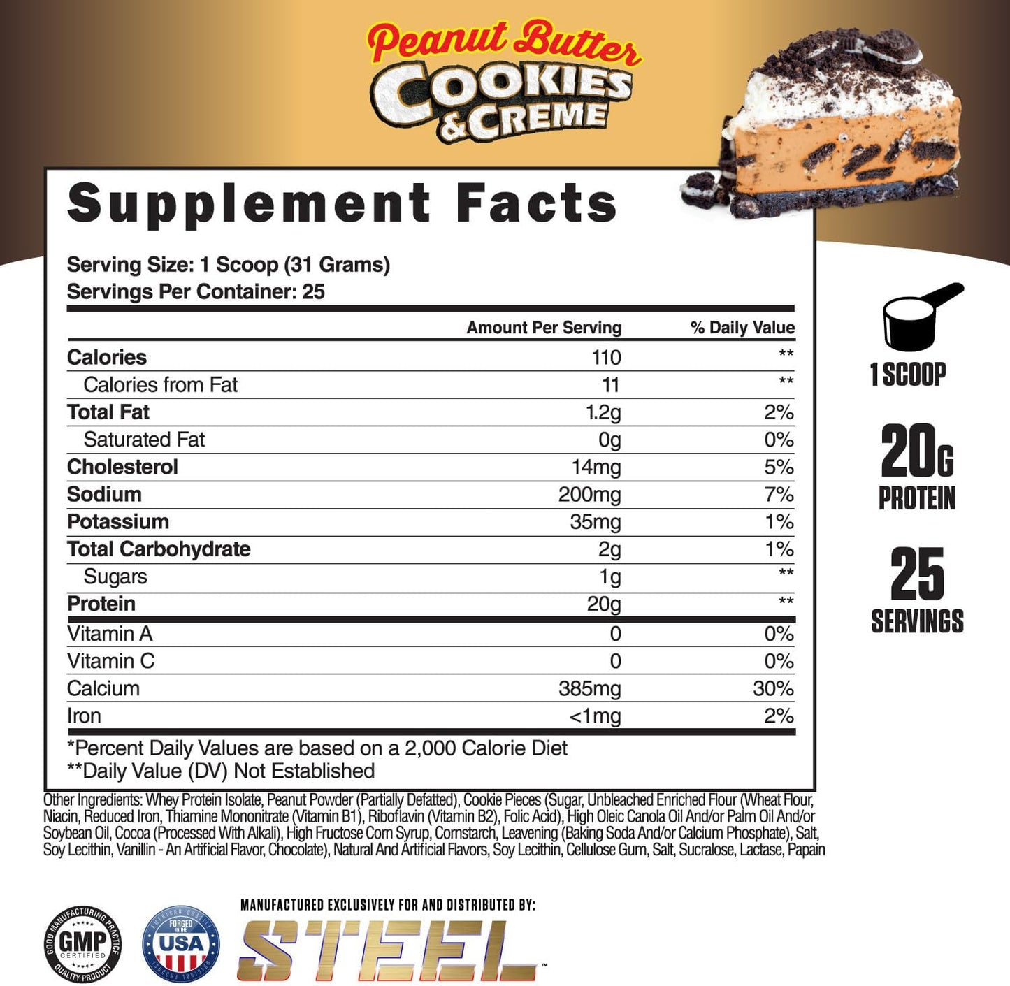 Whey-ISO Peanut Butter Cookies & Creme Protein Powder | 25 Servings | Complete Protein Source with BCAA & Essential Amino Acids | Easy Digestion | Low Carb | Steel Supplements
