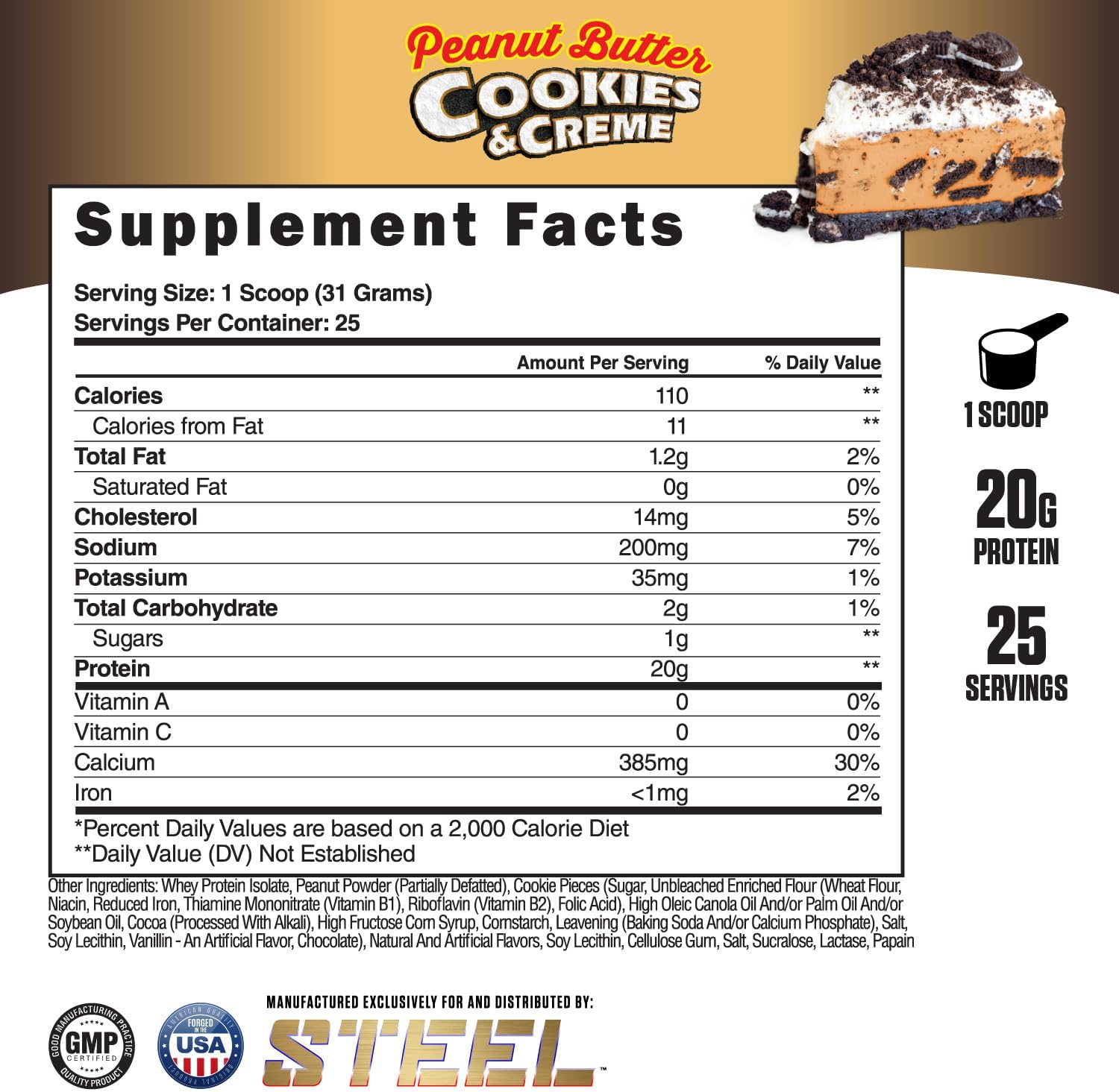 Whey-ISO Peanut Butter Cookies & Creme Protein Powder | 25 Servings | Complete Protein Source with BCAA & Essential Amino Acids | Easy Digestion | Low Carb | Steel Supplements