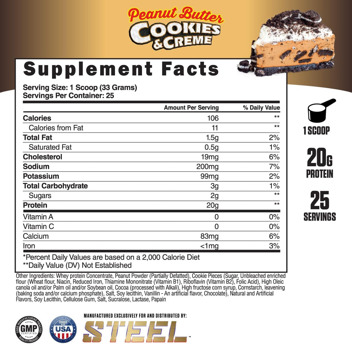 Whey-Pro Steel Supplements: Peanut Butter Cookies & Creme Protein Powder | 25 Servings | BCAA & Essential Amino Acids | Gluten Free & Low Carb