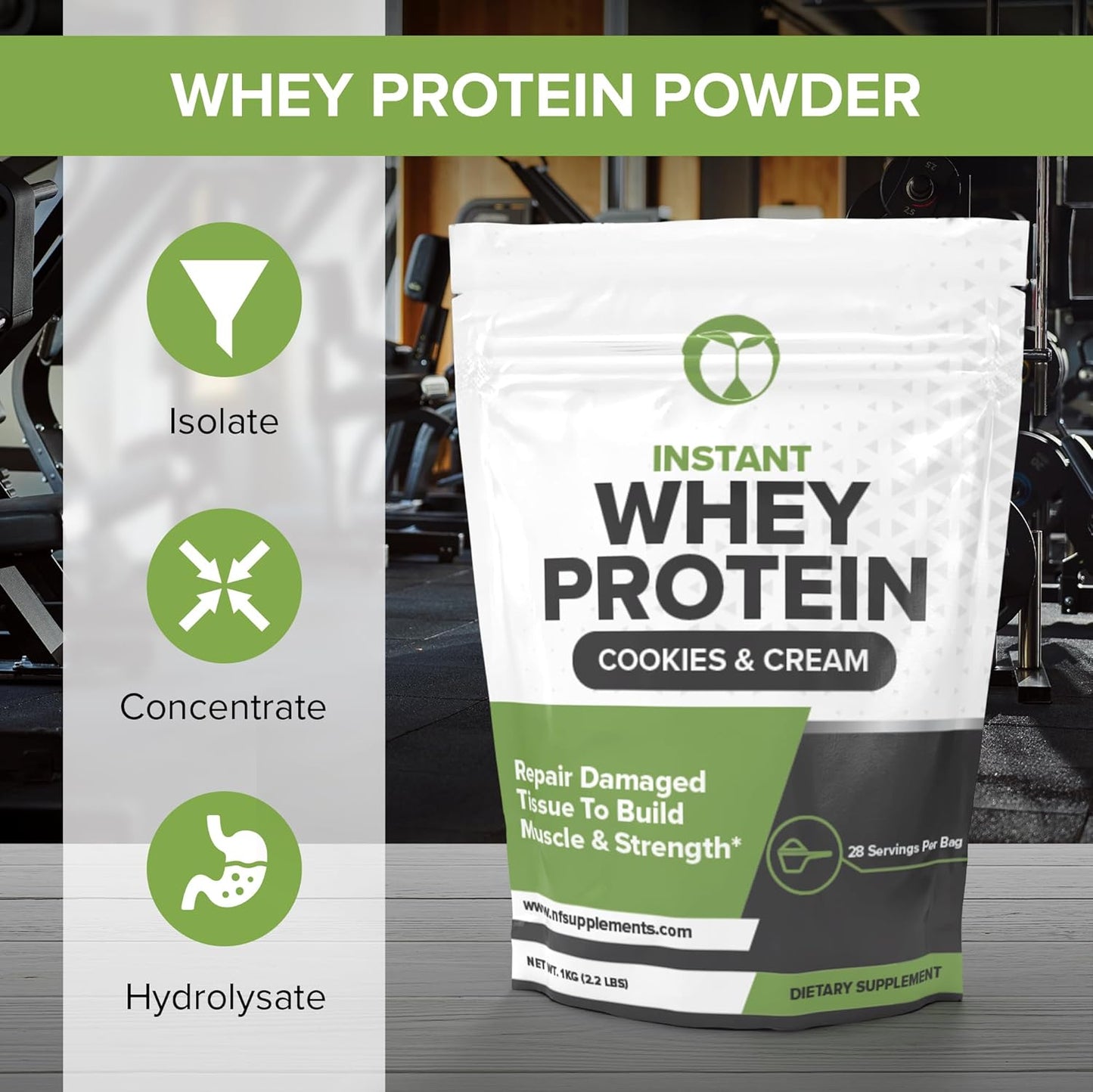 Whey Protein Powder Cookies & Cream Flavor for Muscle Growth & Recovery - 28 Servings, Isolate, Concentrate, Hydrolysate Blend - 2.2lbs