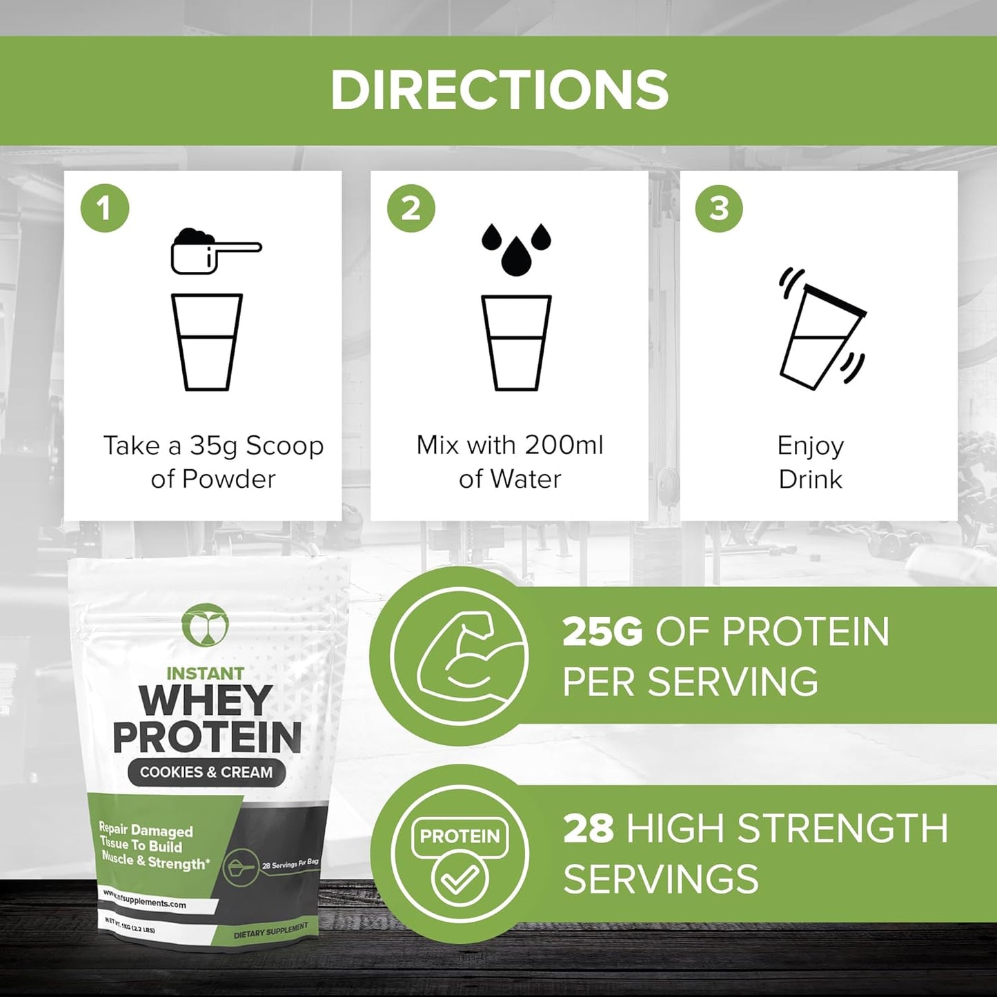 Whey Protein Powder Cookies & Cream Flavor for Muscle Growth & Recovery - 28 Servings, Isolate, Concentrate, Hydrolysate Blend - 2.2lbs
