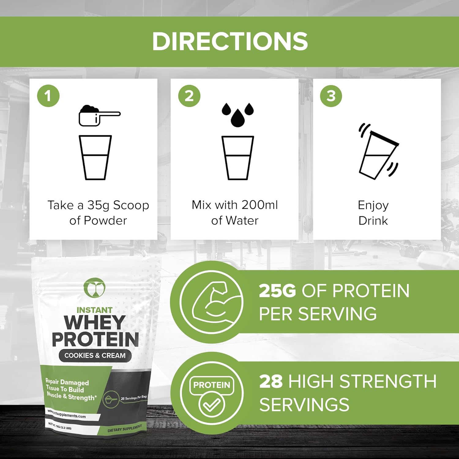 Whey Protein Powder Cookies & Cream Flavor for Muscle Growth & Recovery - 28 Servings, Isolate, Concentrate, Hydrolysate Blend - 2.2lbs
