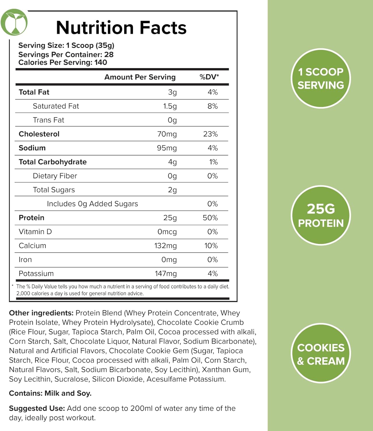 Whey Protein Powder Cookies & Cream Flavor for Muscle Growth & Recovery - 28 Servings, Isolate, Concentrate, Hydrolysate Blend - 2.2lbs