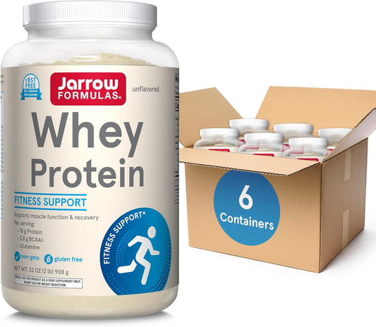 Whey Protein Powder for Muscle Recovery - Jarrow Formulas, 18g Protein, 3.8g BCAAs, Glutamine, 32 oz, Unflavored, 6 Pack