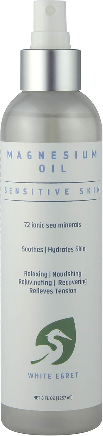 White Egret Magnesium Oil Spray for Sensitive Skin with 72 Ionic Sea Minerals - 8 Fl Oz - Soothing, Nourishing, Rejuvenating & Recovering
