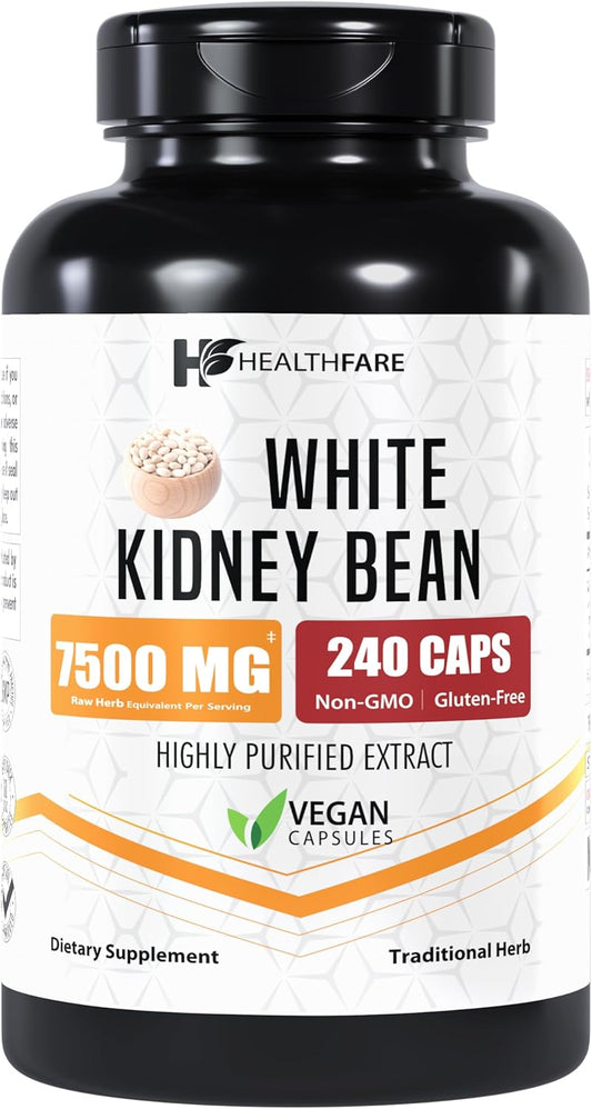 White Kidney Bean Extract Capsules - 7,500mg, 240 Count - Non-GMO & Gluten-Free Dietary Supplement by Healthfare