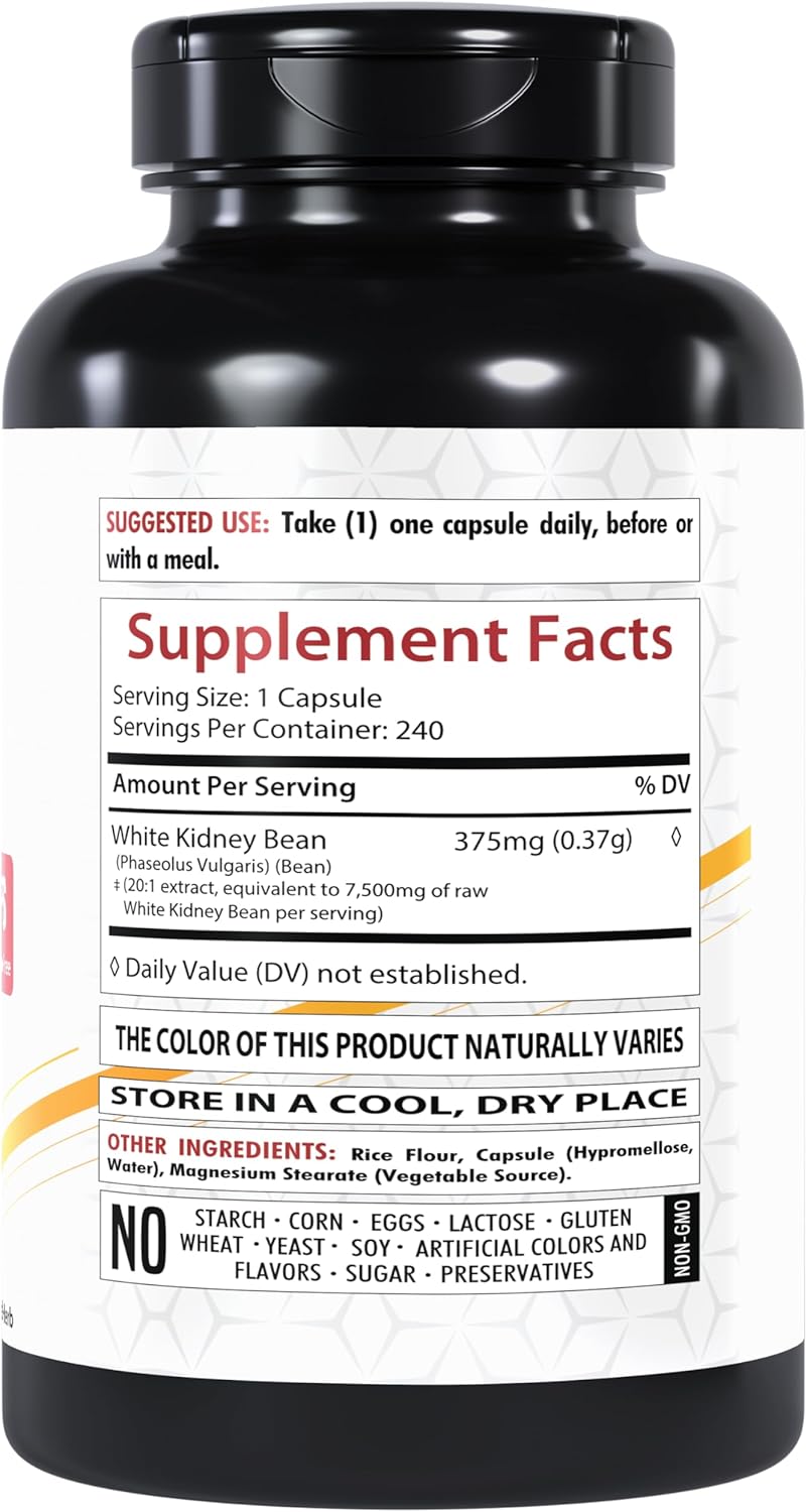 White Kidney Bean Extract Capsules - 7,500mg, 240 Count - Non-GMO & Gluten-Free Dietary Supplement by Healthfare