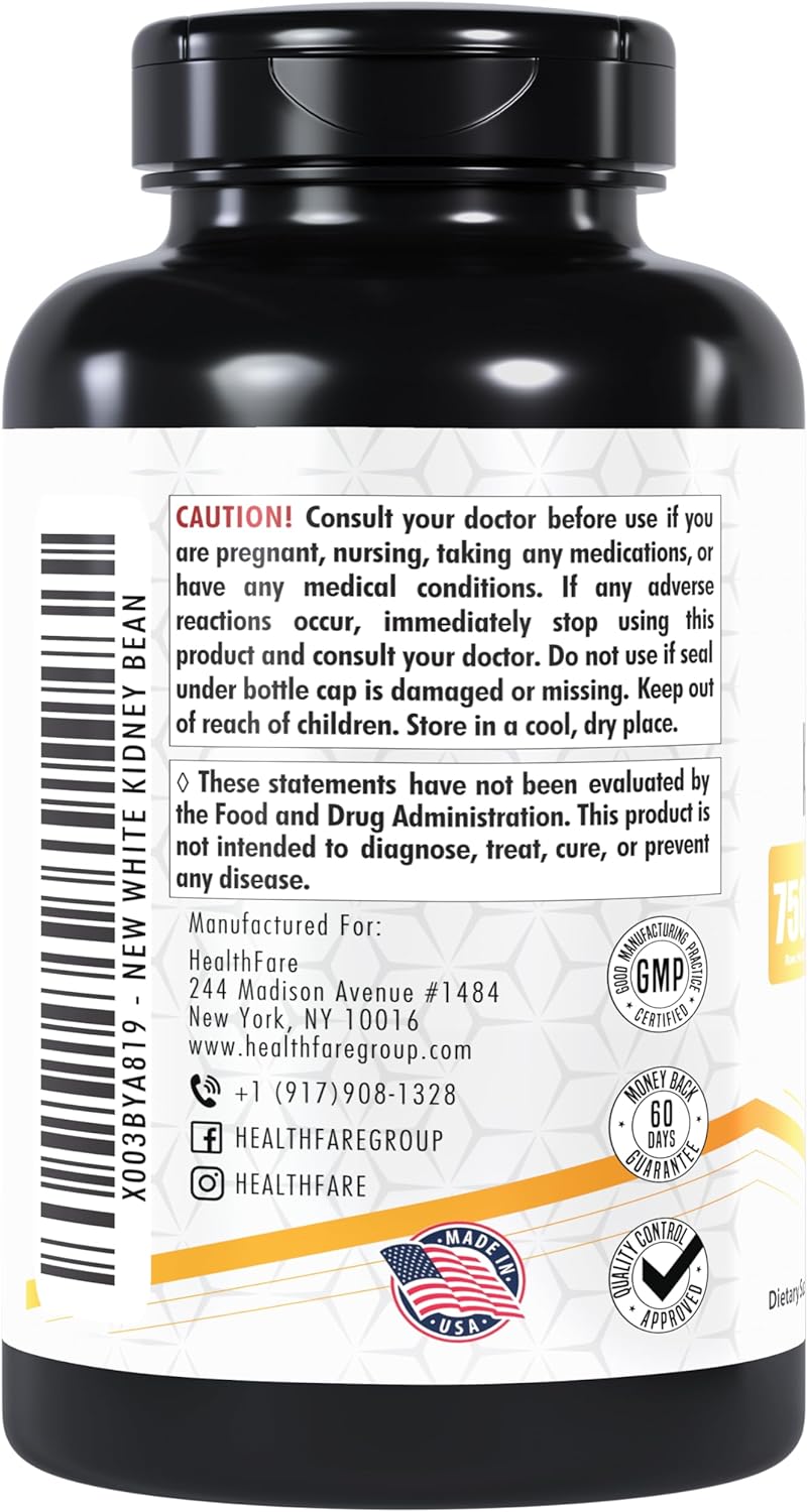 White Kidney Bean Extract Capsules - 7,500mg, 240 Count - Non-GMO & Gluten-Free Dietary Supplement by Healthfare