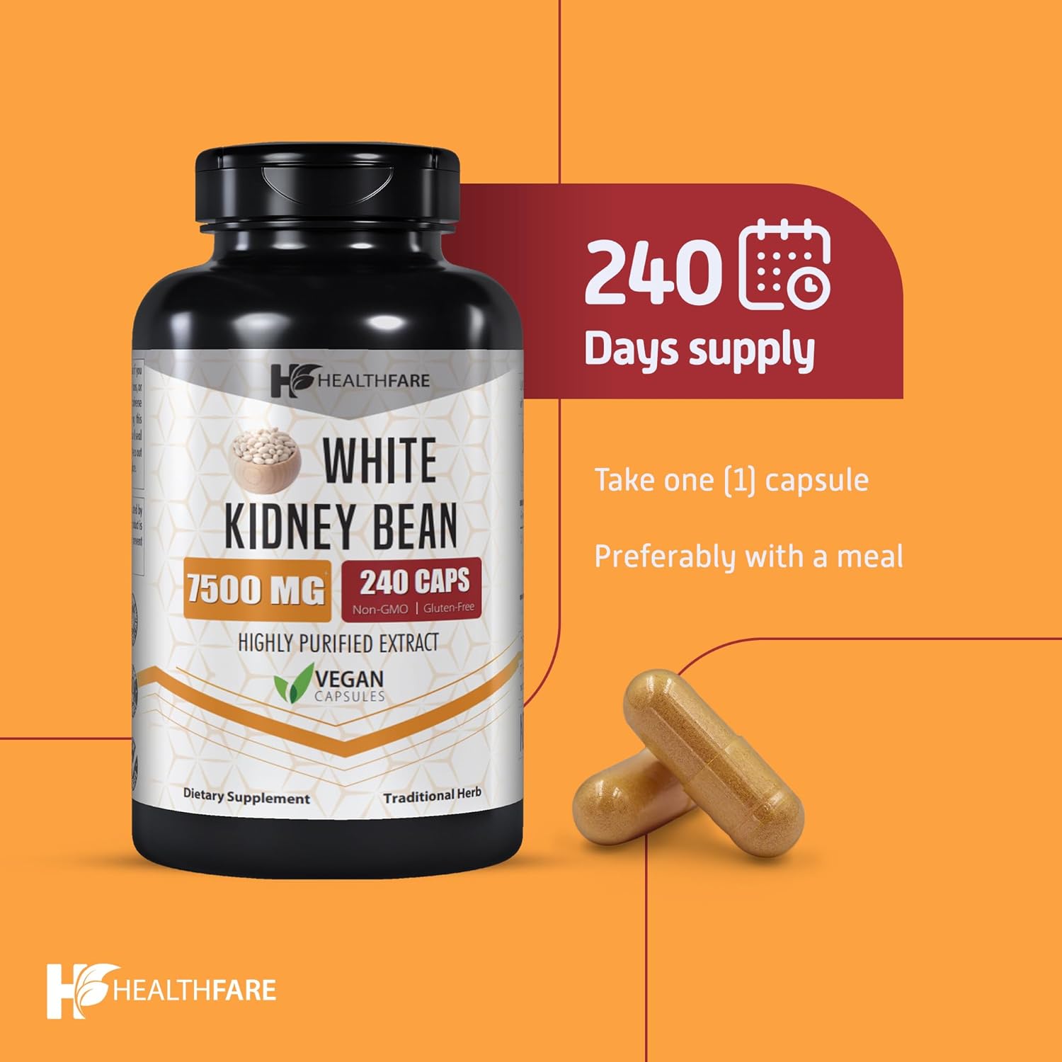 White Kidney Bean Extract Capsules - 7,500mg, 240 Count - Non-GMO & Gluten-Free Dietary Supplement by Healthfare