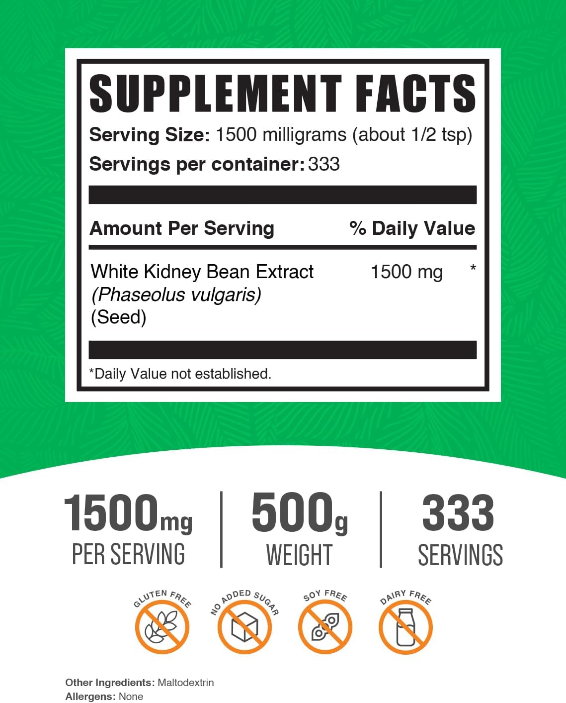 White Kidney Bean Extract Powder - Herbal Supplement, Gluten Free, 1500mg per Serving - Bulk Size 500g (1.1 lbs) - Pack of 1