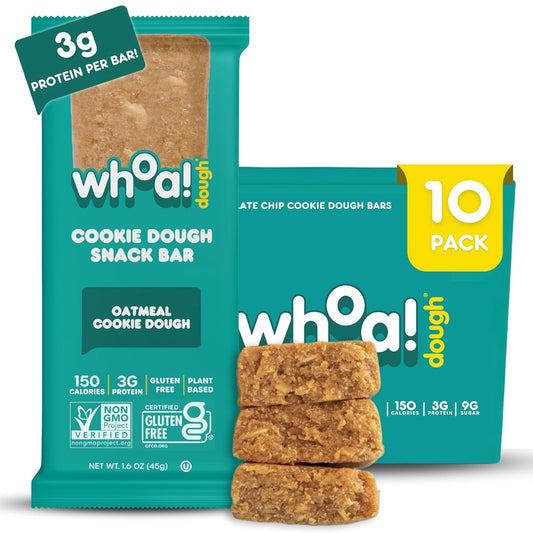 Whoa Dough Edible Cookie Dough Bars - Non-GMO, Kosher, Gluten Free - Healthy Snack Foods - Plant Based Real Ingredients - Oatmeal Cookie Dough - 10 Pack
